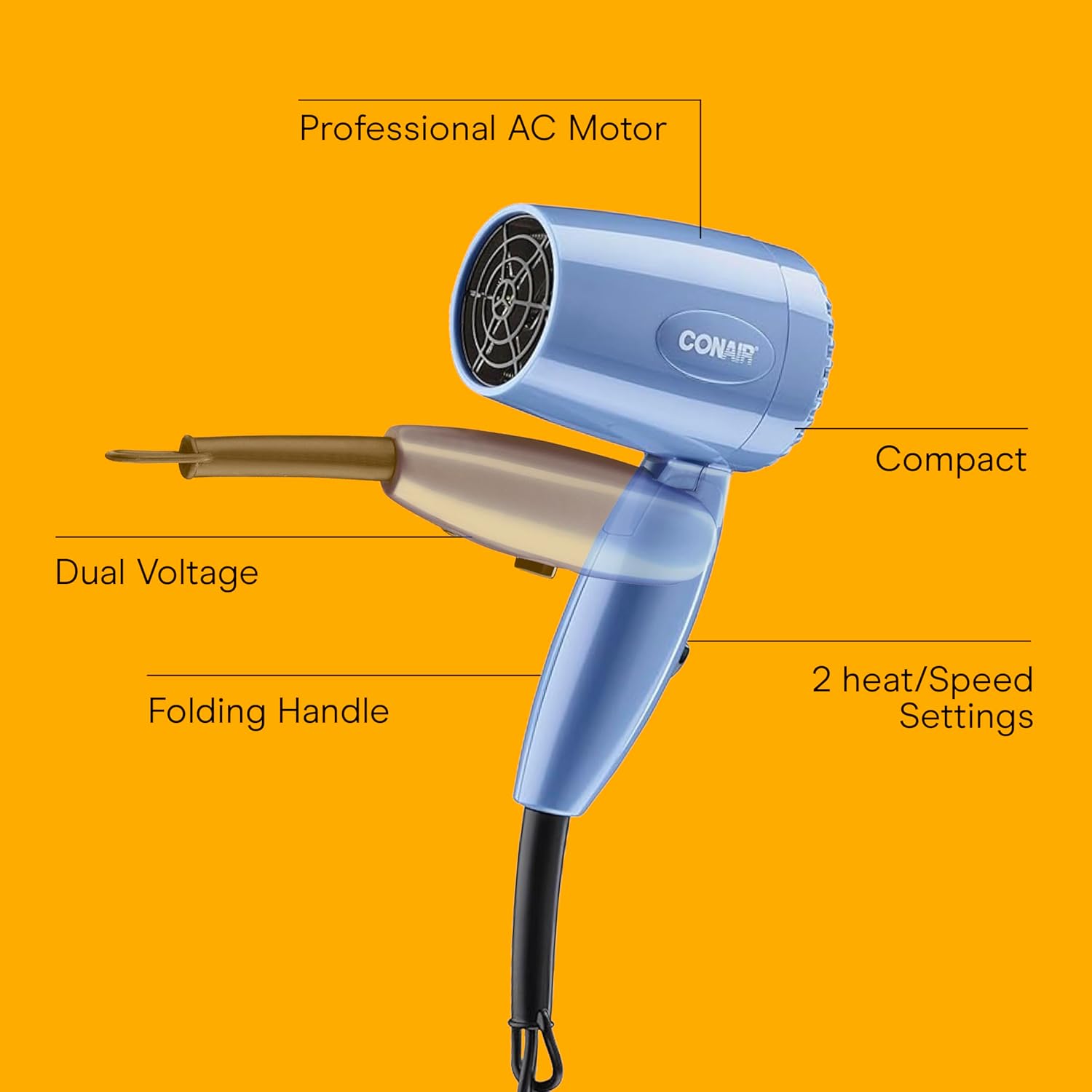 Conair Travel Hair Dryer with Dual Voltage, 1600W Compact Hairdryer with Folding Handle, Hair Blow Dryer with 2 Heat & 2 Speed Settings, Fast Drying, Frizz-Taming Airflow, Easy Storage, Blue - Image 2