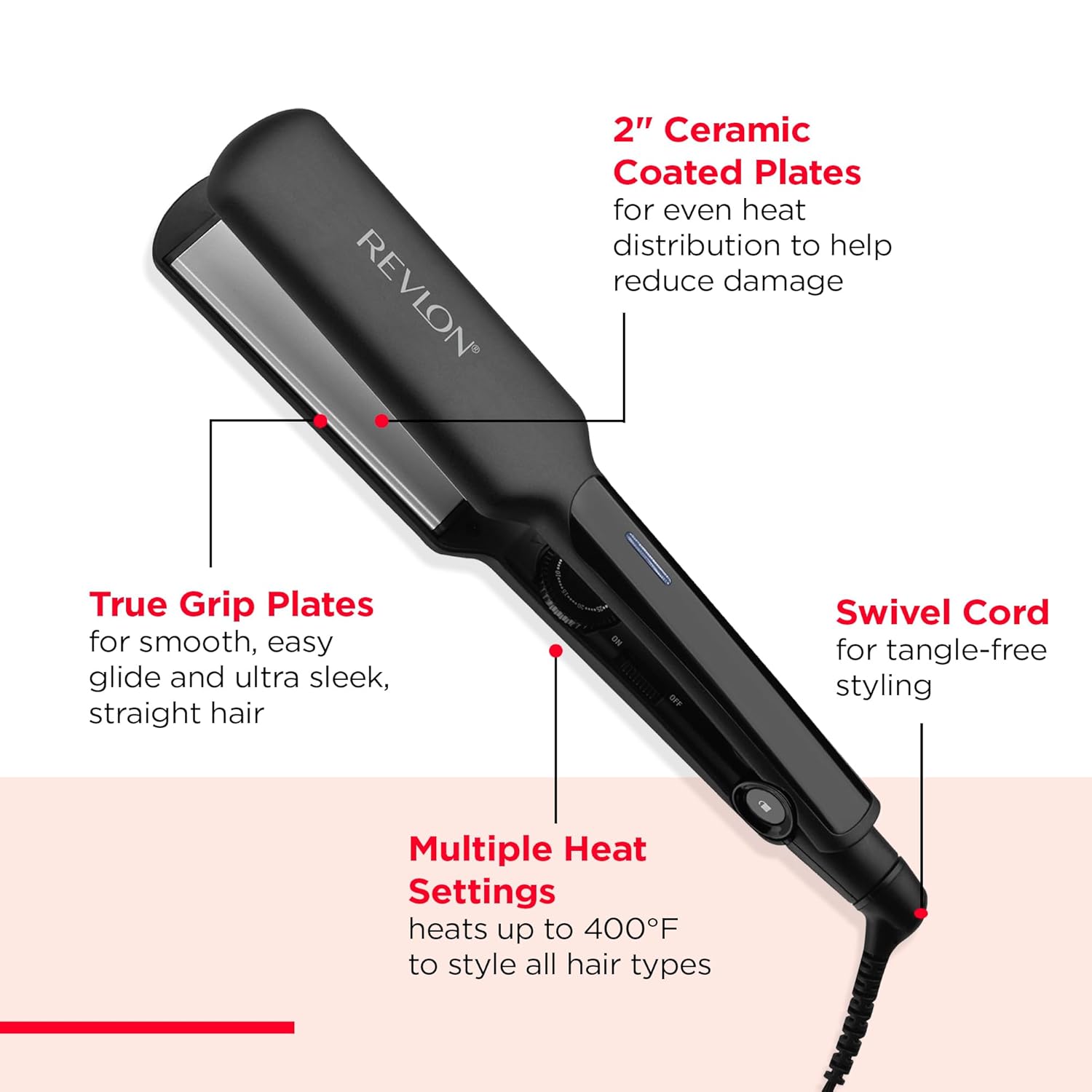 REVLON Ceramic Coated 2" Flat Iron - Fast Heating Hair Straightener for Quick and Smooth Results, Plus Travel Friendly (Black) - Image 4