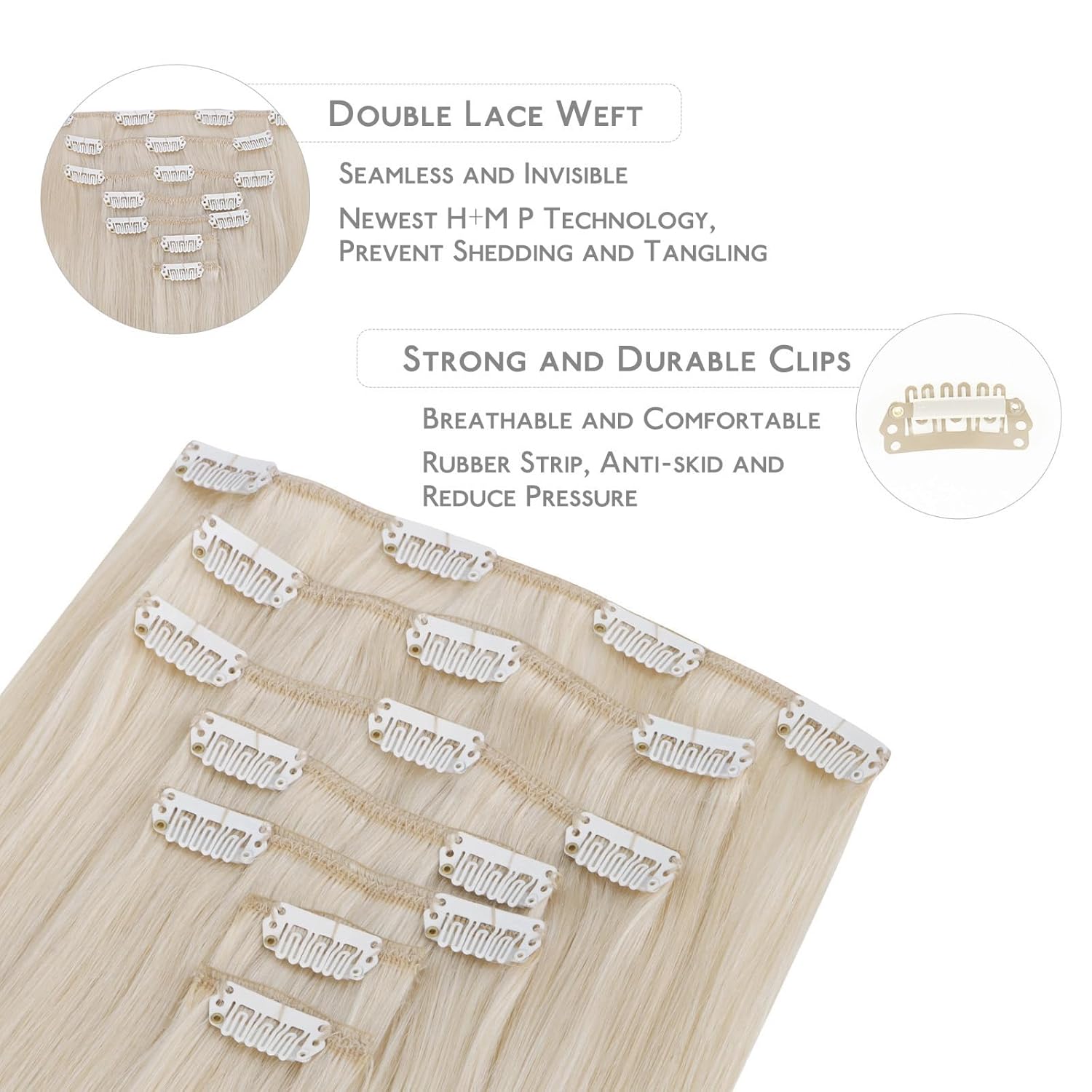 WENNALIFE Clip in Hair Extensions Real Human Hair, 18 Inch 120g 7pcs Platinum Blonde Human Hair Remy Clip in Hair Extensions Real Human Hair Double Weft - Image 3