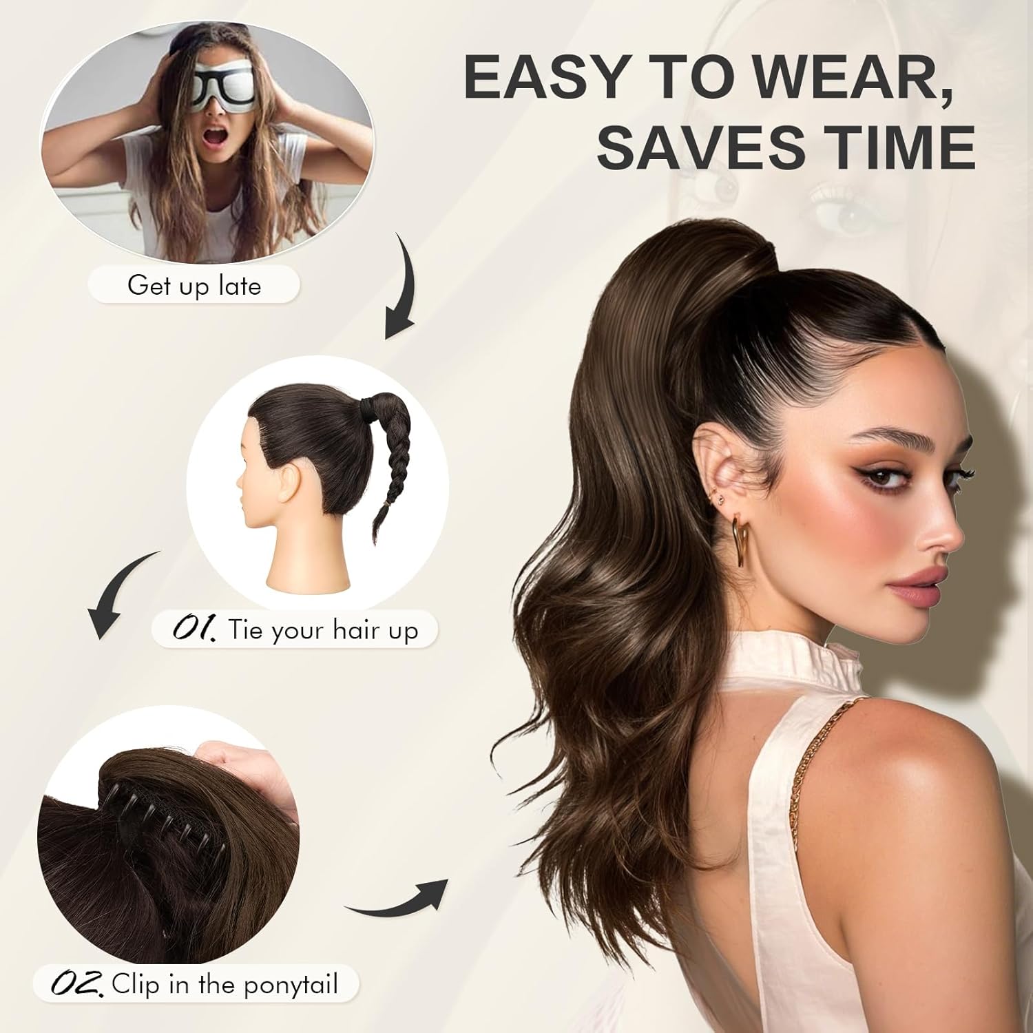 SOFEIYAN Claw Clip Ponytail Extension 16 inch Curly Wavy Clip in Hairpiece Fluffy Synthetic Fake Pony Tail Clip on Hair Extensions for Women Daily Use - Chestnut Brown Tipped with Light Auburn - Image 5