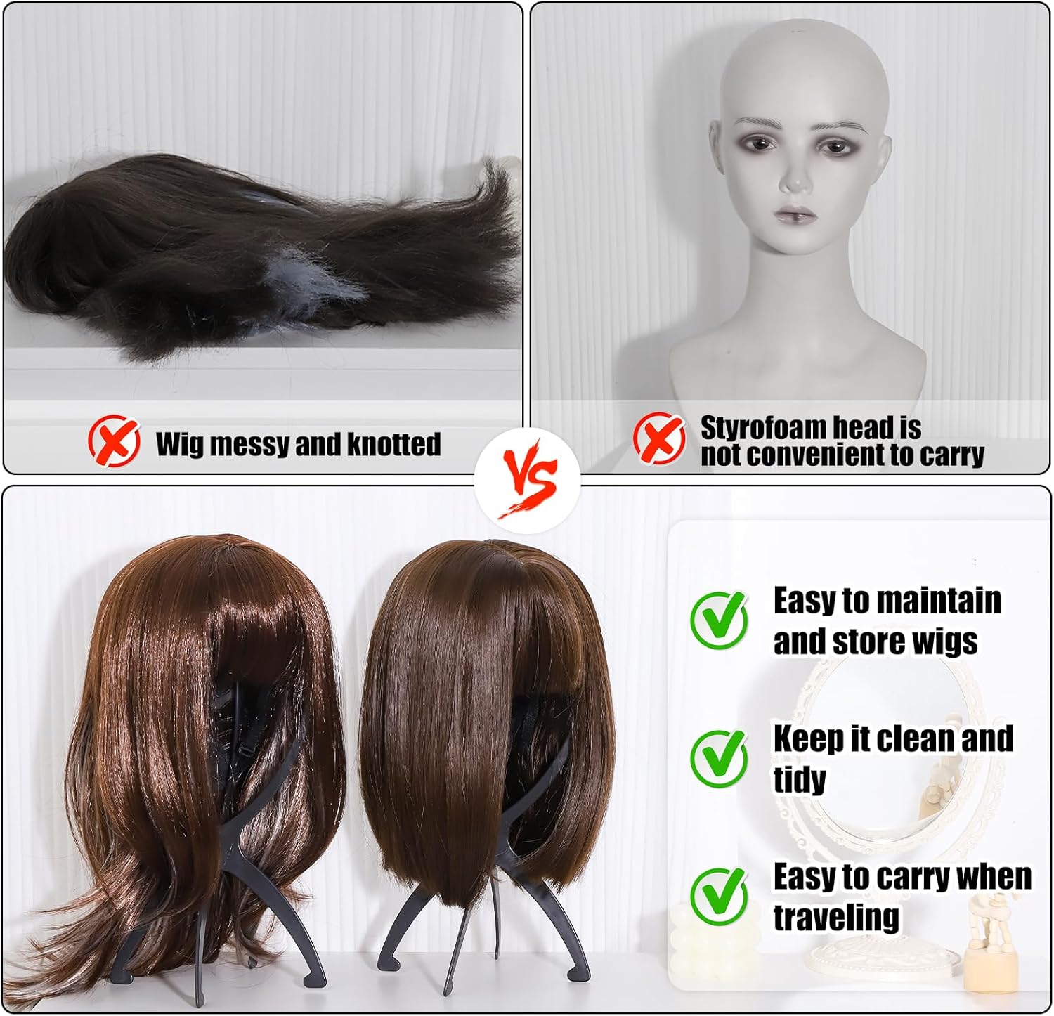 obeoby Wig Stand, Portable Wig Holder Wig Head Stand for All Wigs Travel Wig Hair Stylist Gifts for Women(black (2 pack)) - Image 5
