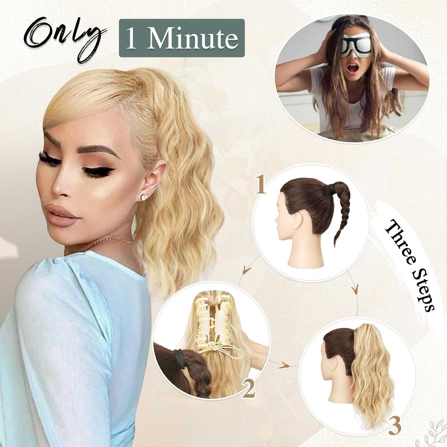 SOFEIYAN 14" Ponytail Extension, Short Wavy Claw Clip in Ponytail Hair Extension Synthetic Hairpieces Beige Blonde Mix Blonde Layered Natural Fluffy Curly Drawstring Ponytail Hair Piece for Women - Image 4
