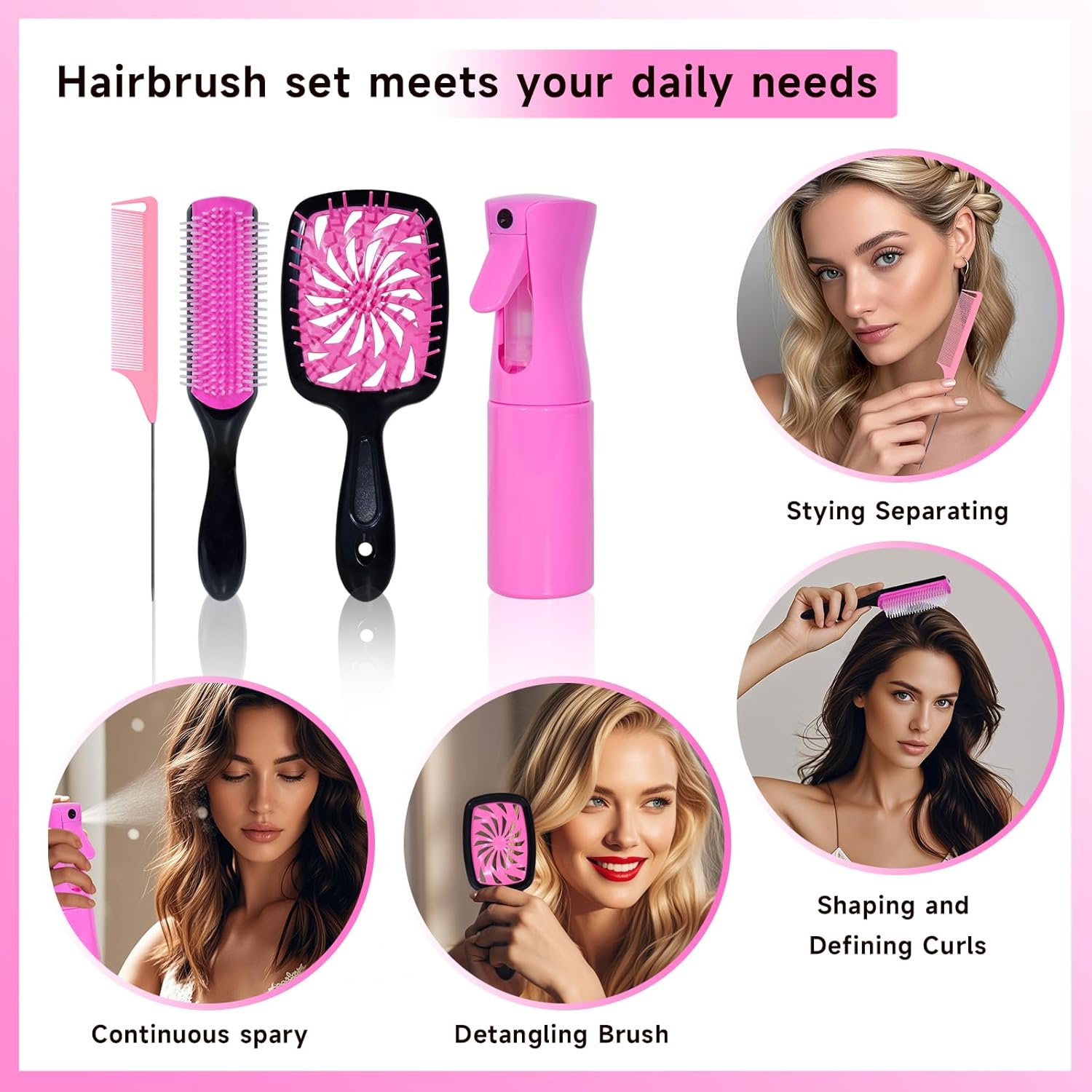 11 Pcs Hair Brush Set, Detangle Hair Brush And Spray Bottle, 3 Pieces Smooth Hairbrush For Toddlers, Suitable For Wet and Dry Hairstyles, Suitable For Adults And Children. (Pink) - Image 7