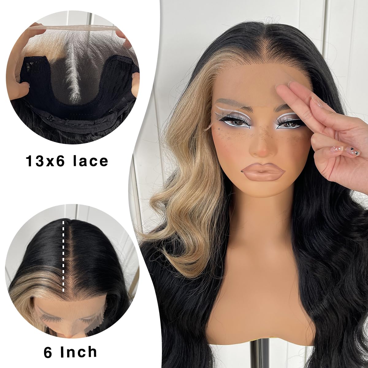 13x6 Skunk Stripe Wig Glueless Lace Front Wigs Pre Plucked Synthetic Body Wave blonde wig Wear and Go lace front wig for black women - Image 5