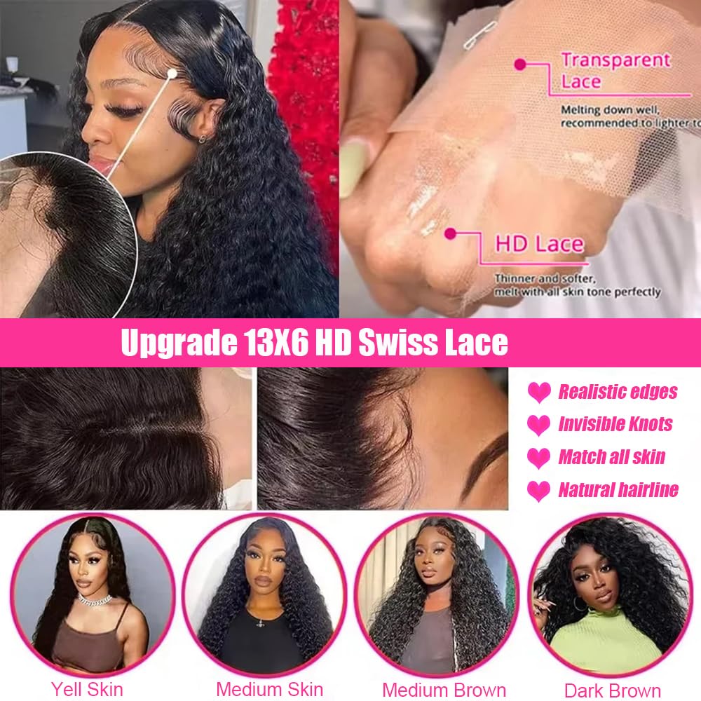 JTMMP 13x6 Deep Wave Lace Front Wigs Human Hair 200% Density 26 Inch Curly Human Hair Wig for Women Natural Black HD Transparent Lace Glueless Frontal Wigs Human Hair Pre Plucked - Image 4
