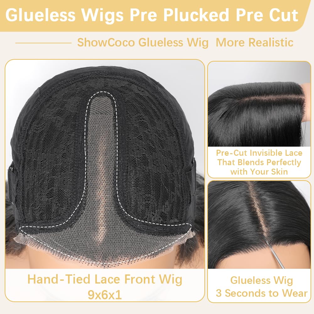 ShowCoco Black Wig for Women 26 Inch Pre Cut Hand-Tied Lace Long Wavy Natural Hairline Middle Part Hair Replacement Wigs for Women Beginners Natural Synthetic Wig for Daily Party 3 Seconds to Wear - Image 2