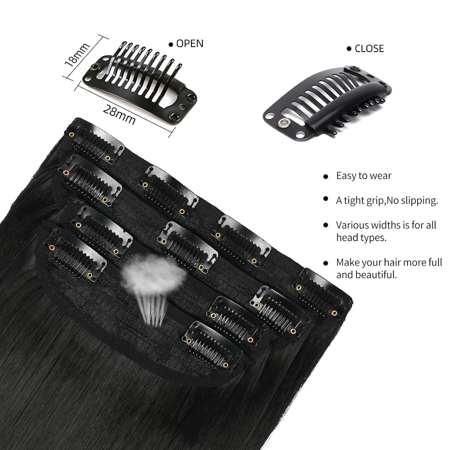 Black Hair Extensions Straight Clip in Hair Extensions Clip ins - Soft and Thick (20 Inches, 4Pcs, #1B) - Image 4