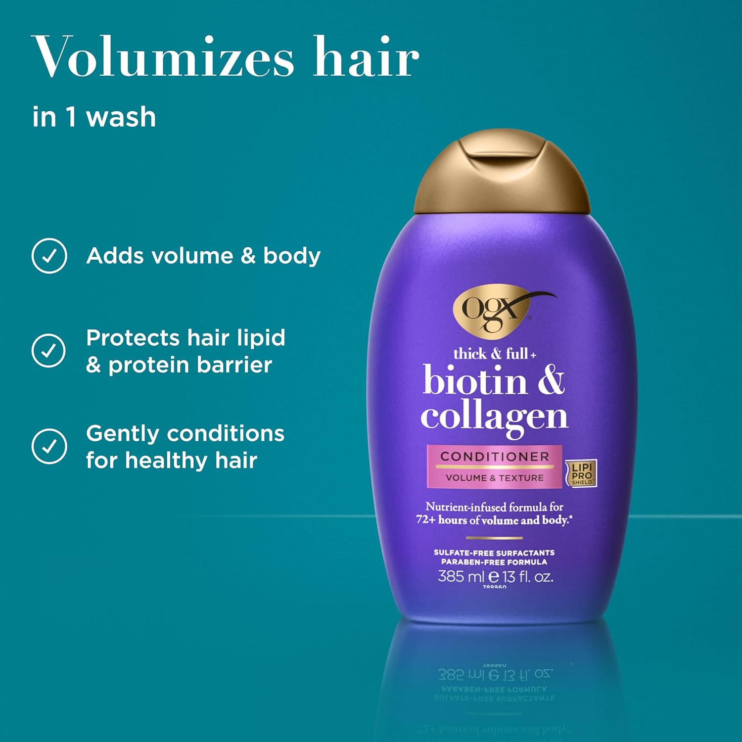 OGX Thick & Full + Biotin & Collagen Volumizing Conditioner, Nutrient-Infused Conditioner with Vitamin B7 Biotin Gives Hair Volume & Body for 72+ Hours, Sulfate-Free Surfactants, 13 fl. Oz - Image 3