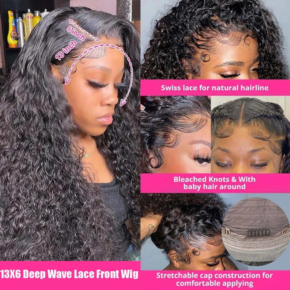 JTMMP 13x6 Deep Wave Lace Front Wigs Human Hair 200% Density 26 Inch Curly Human Hair Wig for Women Natural Black HD Transparent Lace Glueless Frontal Wigs Human Hair Pre Plucked - Image 3