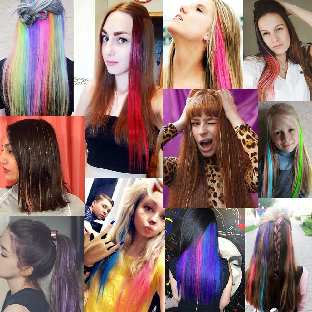 32Packs Colored Hair Extensions 20Inch Straight Color Clip in on Hair Extension Rainbow Party Highlights Synthetic Hairpiece(16 colors) - Image 9