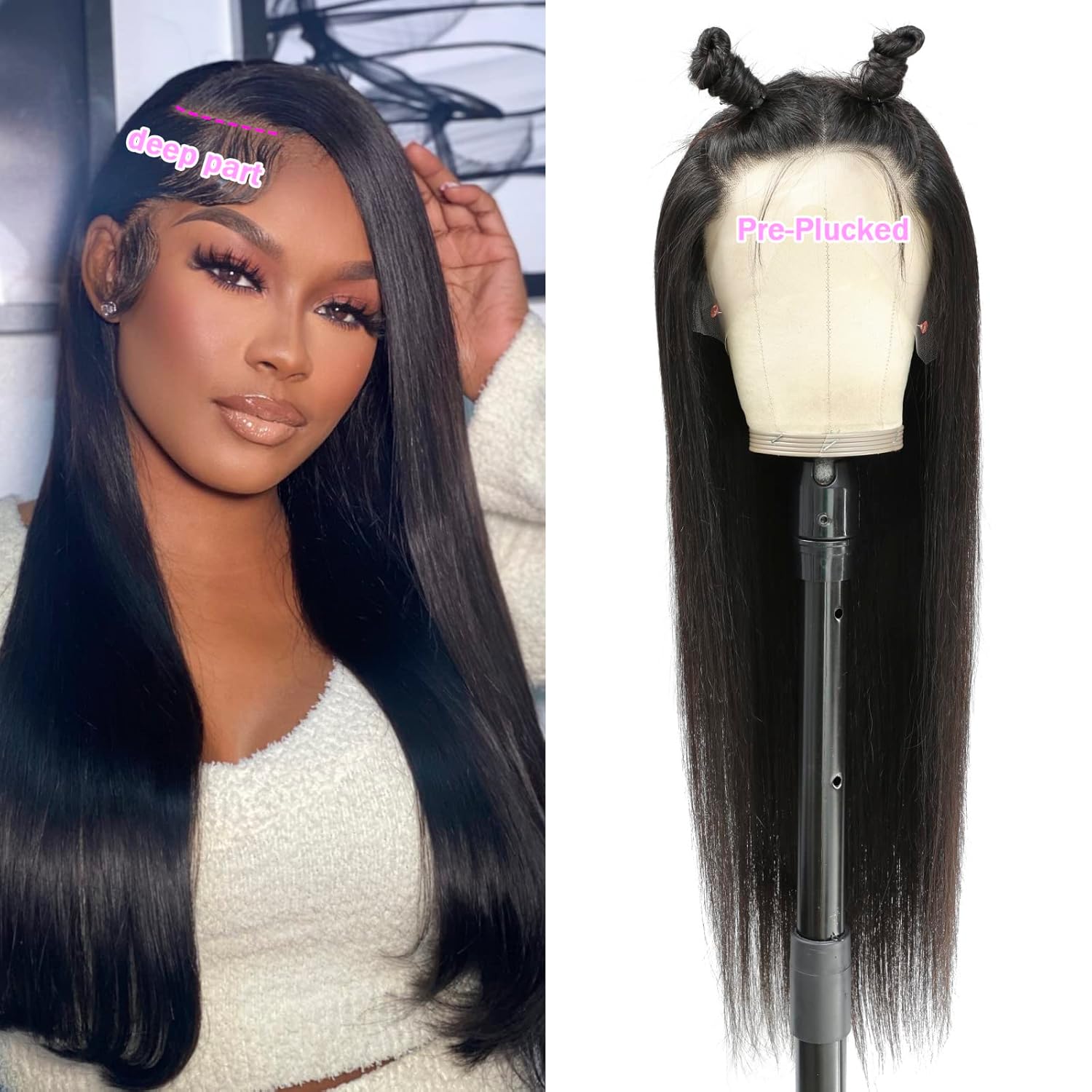 TTSMINS 13x6 Lace Front Wigs Human Hair for Women 180 Density HD Transparent 28 Inch Straight Lace Front Wigs Human Hair Pre Plucked Glueless Lace Frontal Wigs Natural Black Color - Image 7