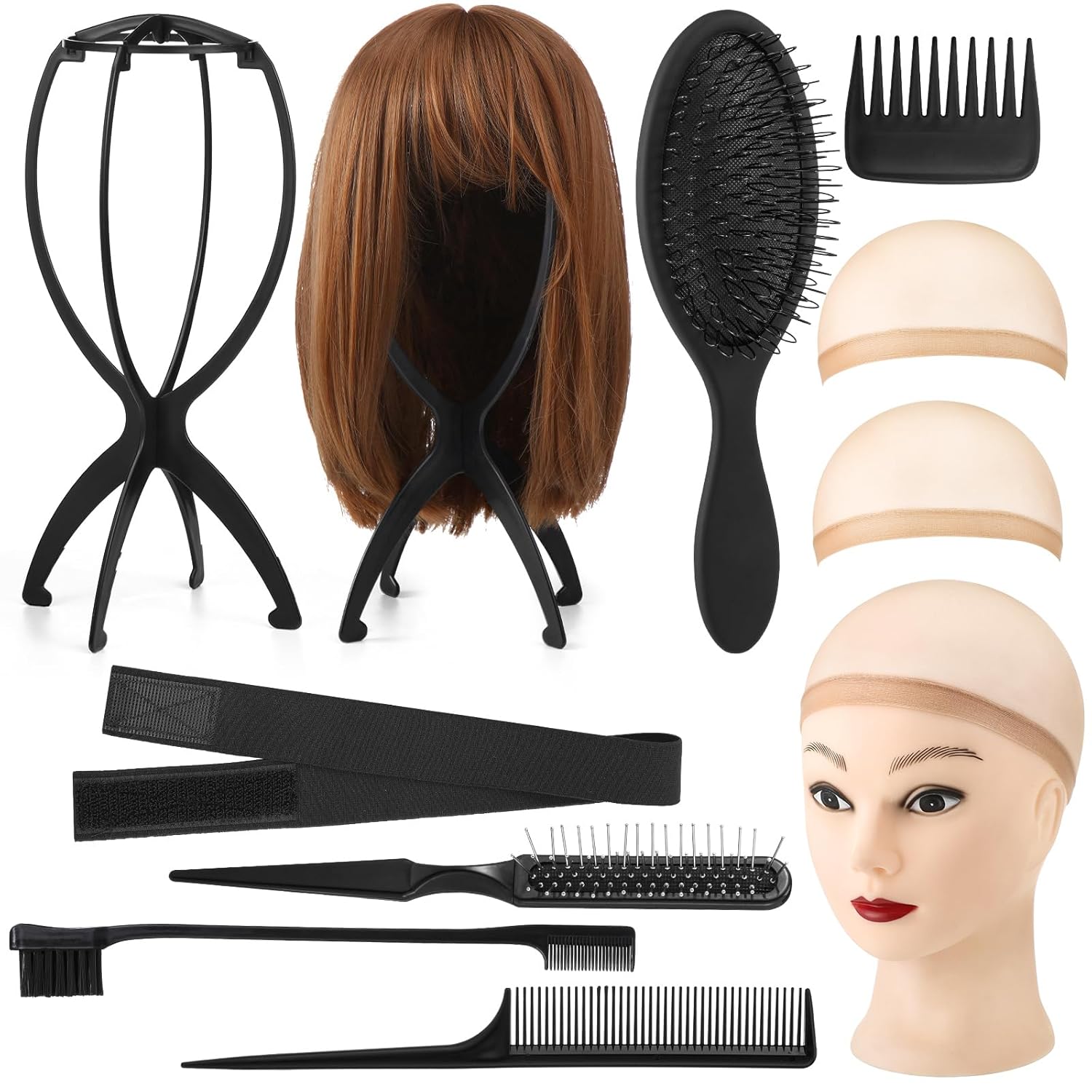 ProSuites 10 Pack Set 2 Wig Head Stand with 5 PCS Wig Brush Comb Hat Wig Holder Set for for Travel Home Use