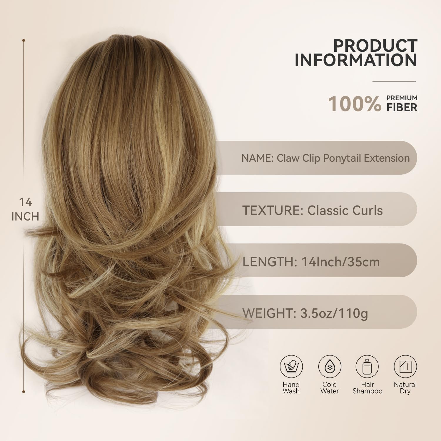 14 Inch Ponytail Extension - Wavy Pony Tails Hair Extensions, Claw Clip Ponytail Extension, Synthetic Hair Extensions Ponytail, Clip on Ponytails for Women (Light Brown With Beige Highlights) - Image 2