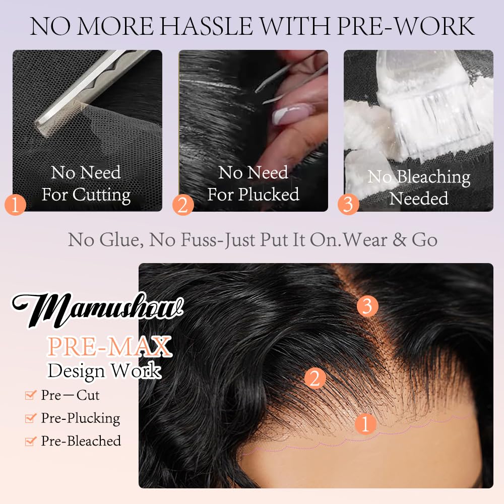 Mamushow 7x6 Water Wave Glueless Wigs Human Hair Pre Plucked Pre Cut 250% Density Lace Front Wigs Human Hair with Drawstring Wear and Go 7x6 HD Lace Closure Wig for Black Women Natural Black 20Inch - Image 3
