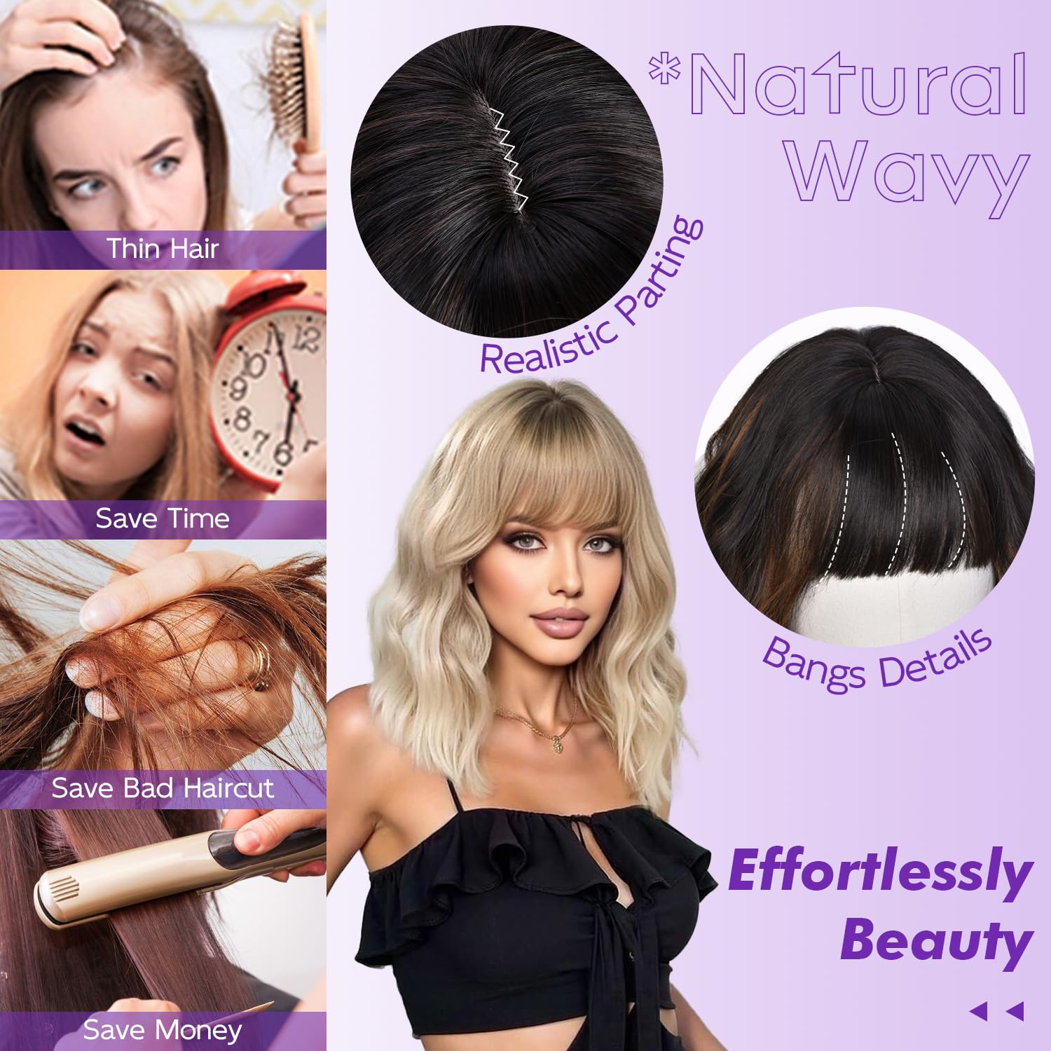 Short Wavy Wig with Bangs for Women Curly Wigs Natural Wavy Synthetic Wigs for Daily Party Cosplay 14inch(Brown Highlight) - Image 4