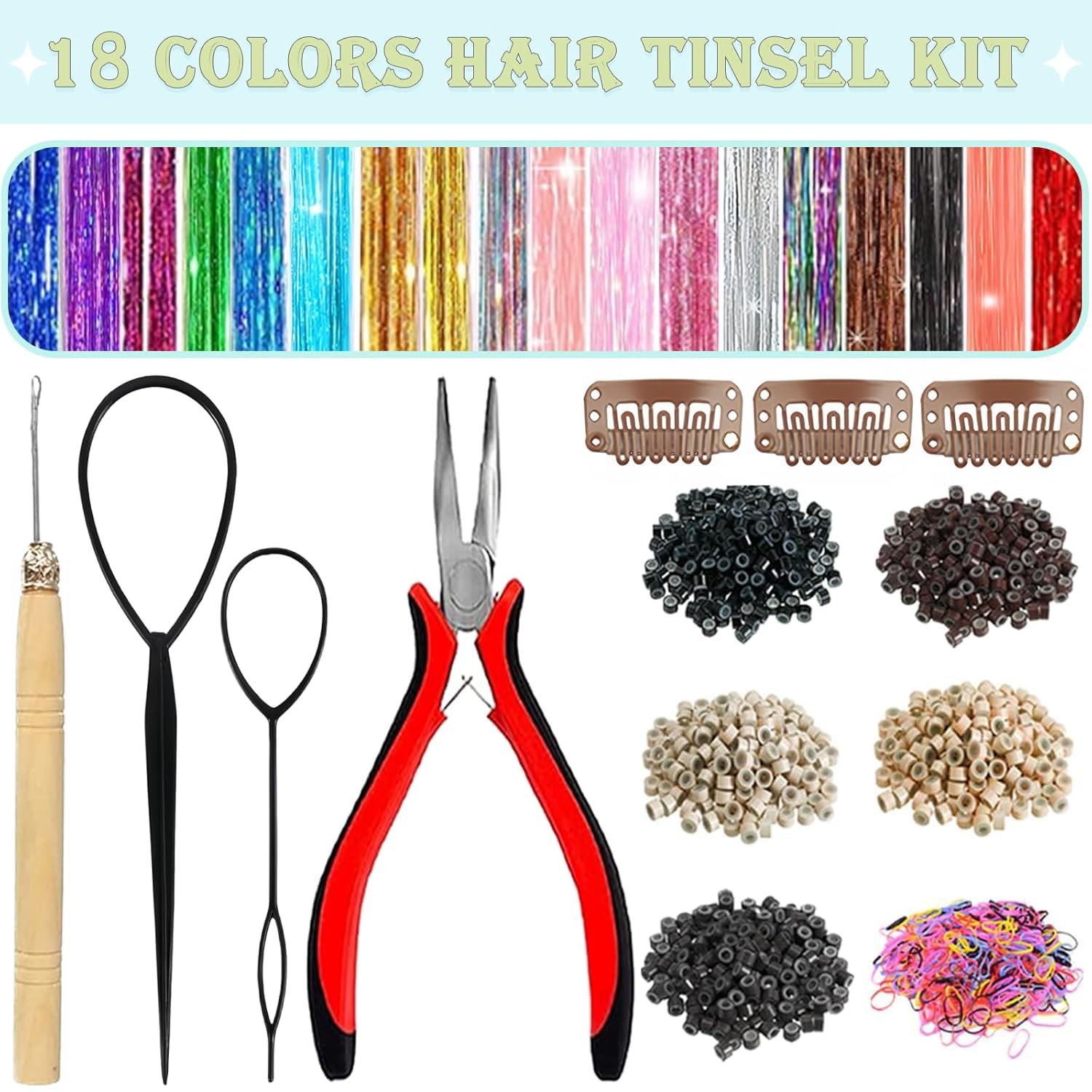 Hair Tinsel,18 Colors Hair Tinsel Kit for Girls 7600 Strands Fairy Tinsel Hair Extensions Holographic Hair Tinsel Heat Resistant Colored Hair Glitter Christmas Party Festival (18 Colors) - Image 2