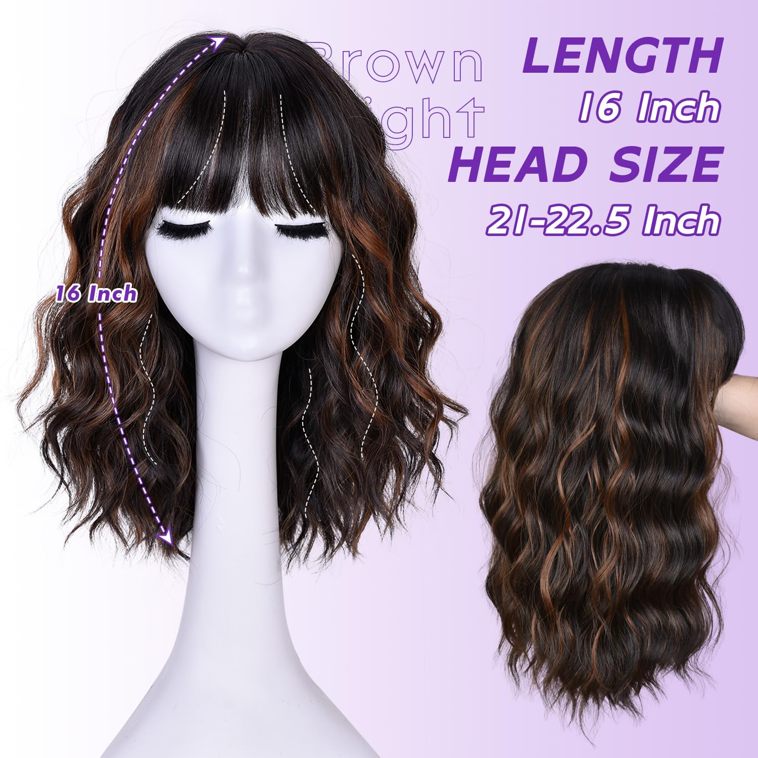 Short Wavy Wig with Bangs for Women Curly Wigs Natural Wavy Synthetic Wigs for Daily Party Cosplay 14inch(Brown Highlight) - Image 2