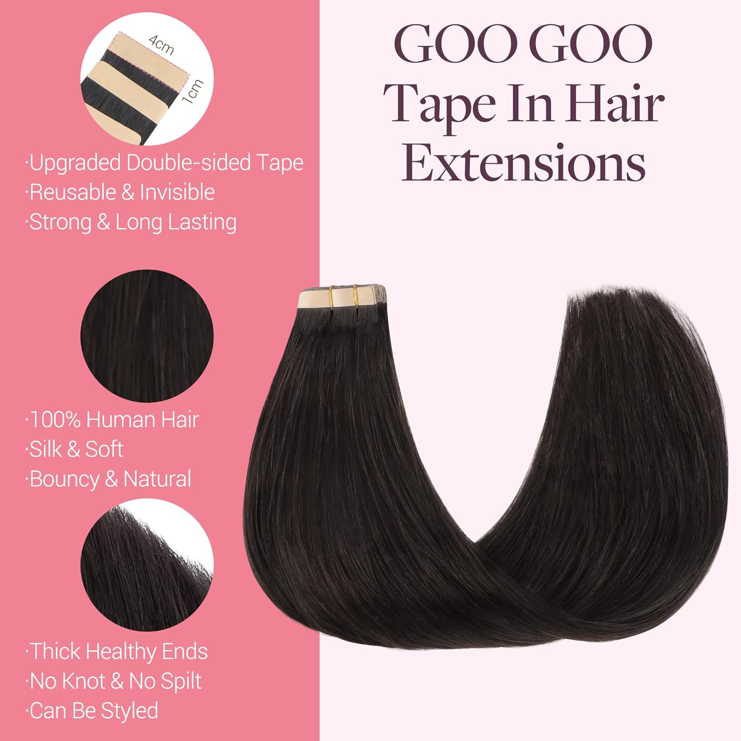 GOO GOO Tape in Hair Extensions Human Hair, 2 Dark Brown, 20inch 50g 20pcs, Skin Weft Seamless Invisible, Silky Straight with Thick Ends, Remy Human Hair - Image 3