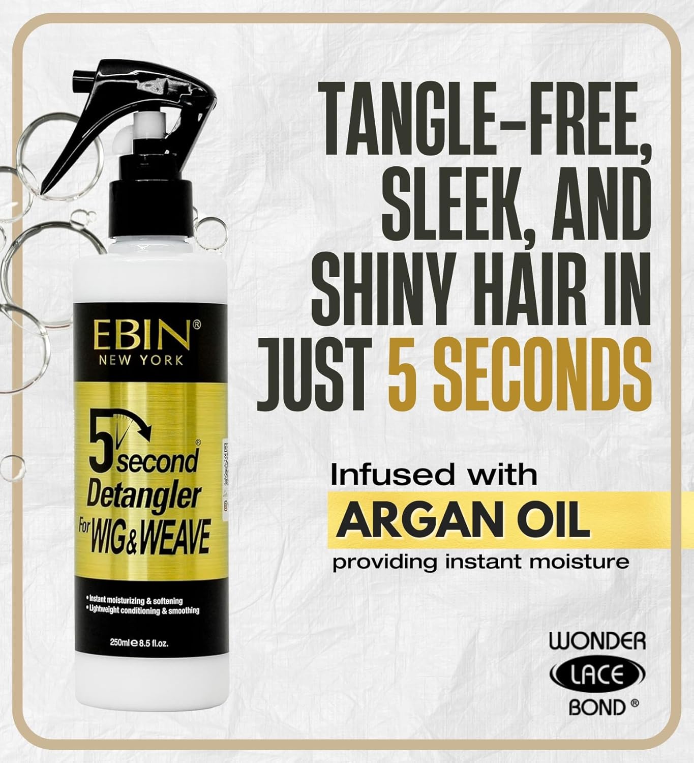 EBIN NEW YORK 5 Second Detangler - Moroccan Argan Oil Infused | Instant Moisture, Lightweight Conditioner | Softens, Smooths & Adds Shine | Wig & Weave Care 8.5oz/250ml - Image 2