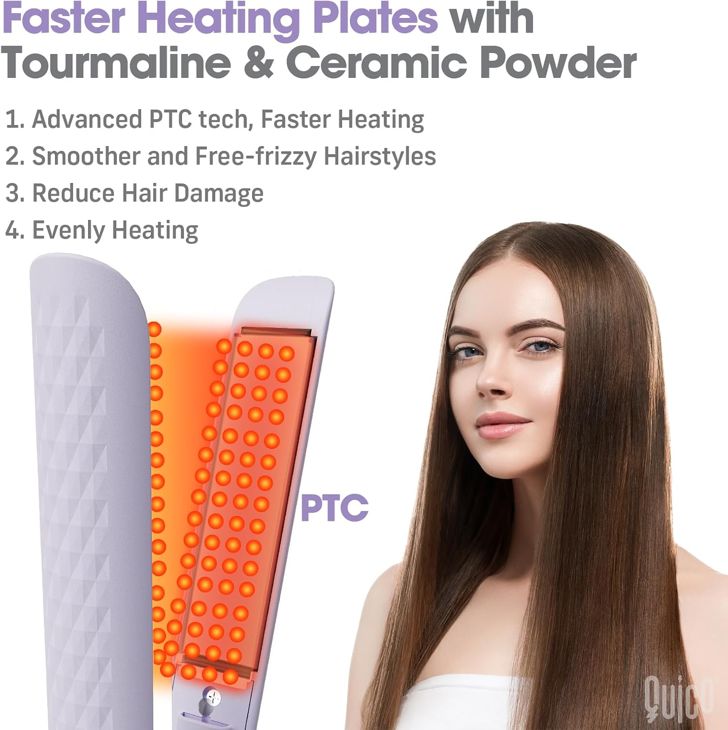 Quico Hair Straightener, 110-240V Global Travel Hair Straighteners for Women, 15s Fast Heating, Ceramic Negative Ion Flat Iron, Temp Memory, 320℉-450℉, Auto-Off, with Glove and Clips, Gift, Lilac - Image 3