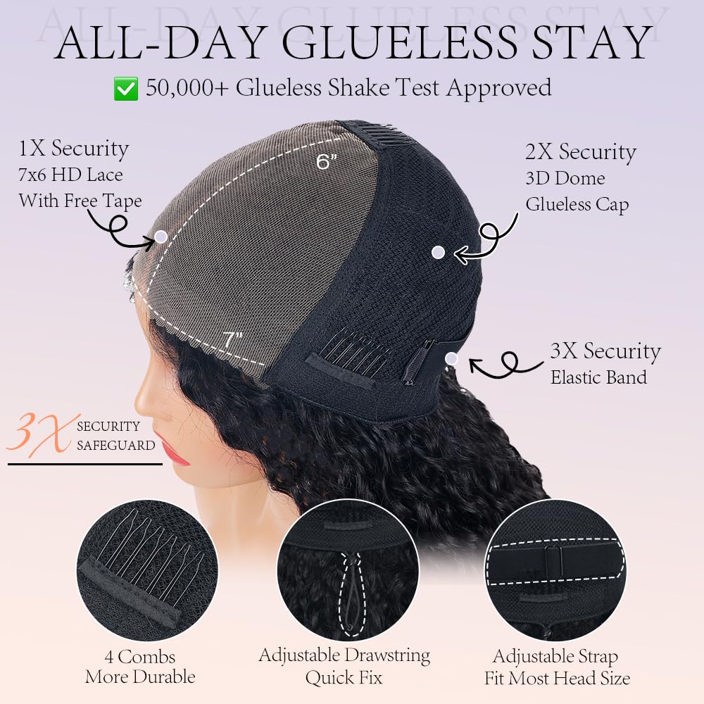 Mamushow 7x6 Water Wave Glueless Wigs Human Hair Pre Plucked Pre Cut 250% Density Lace Front Wigs Human Hair with Drawstring Wear and Go 7x6 HD Lace Closure Wig for Black Women Natural Black 20Inch - Image 5