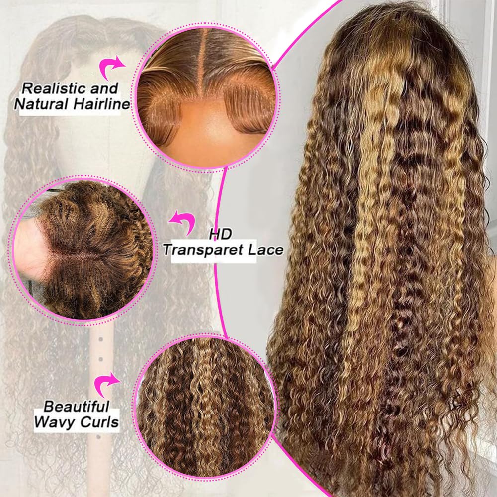30inch Highlight Ombre Lace Front Wig Human Hair 13x6 HD Honey Blonde 4/27 Deep Wave Lace Frontal Wigs Glueless Wigs Human Hair - Image 3
