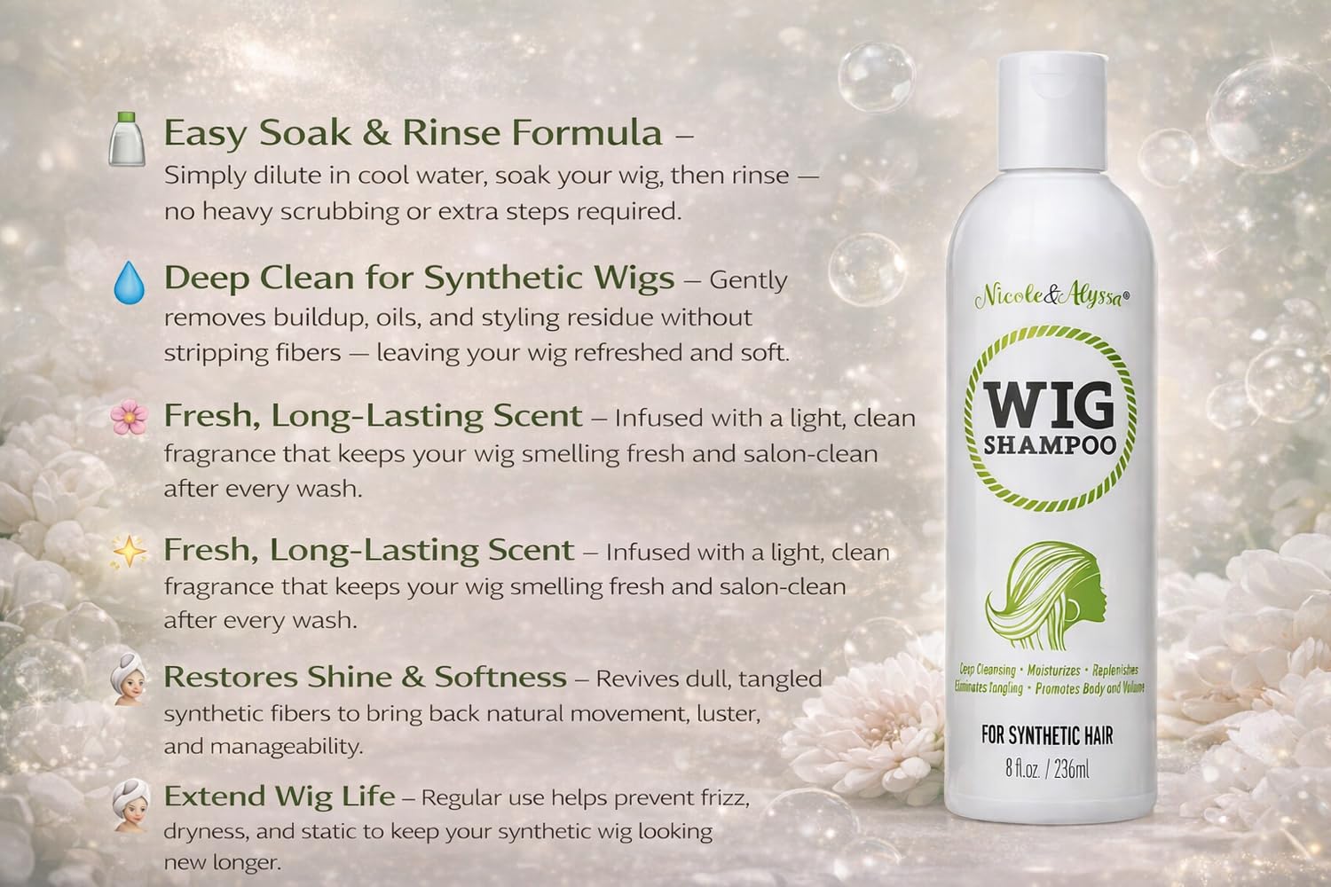 Nicole & Alyssa - Wig Shampoo For Synthetic Hair 8oz - Soak & Rinse, Deep Cleansing, Revitalizes, Moisturizes, Detangles (Pack of 1) - Image 2