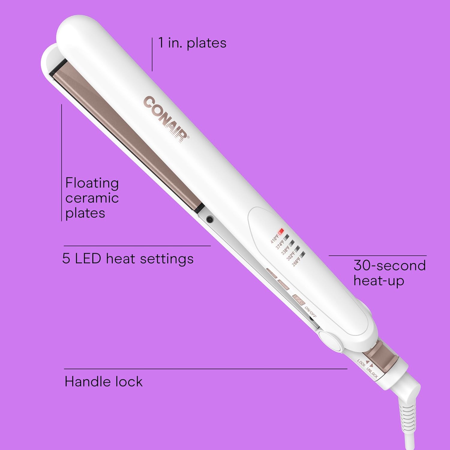 Conair Double Ceramic Flat Iron, 1-Inch Flat Iron Hair Straightener with Claw Clip, 5 Heat Settings, Extra-Long Floating Plates, White - Image 2