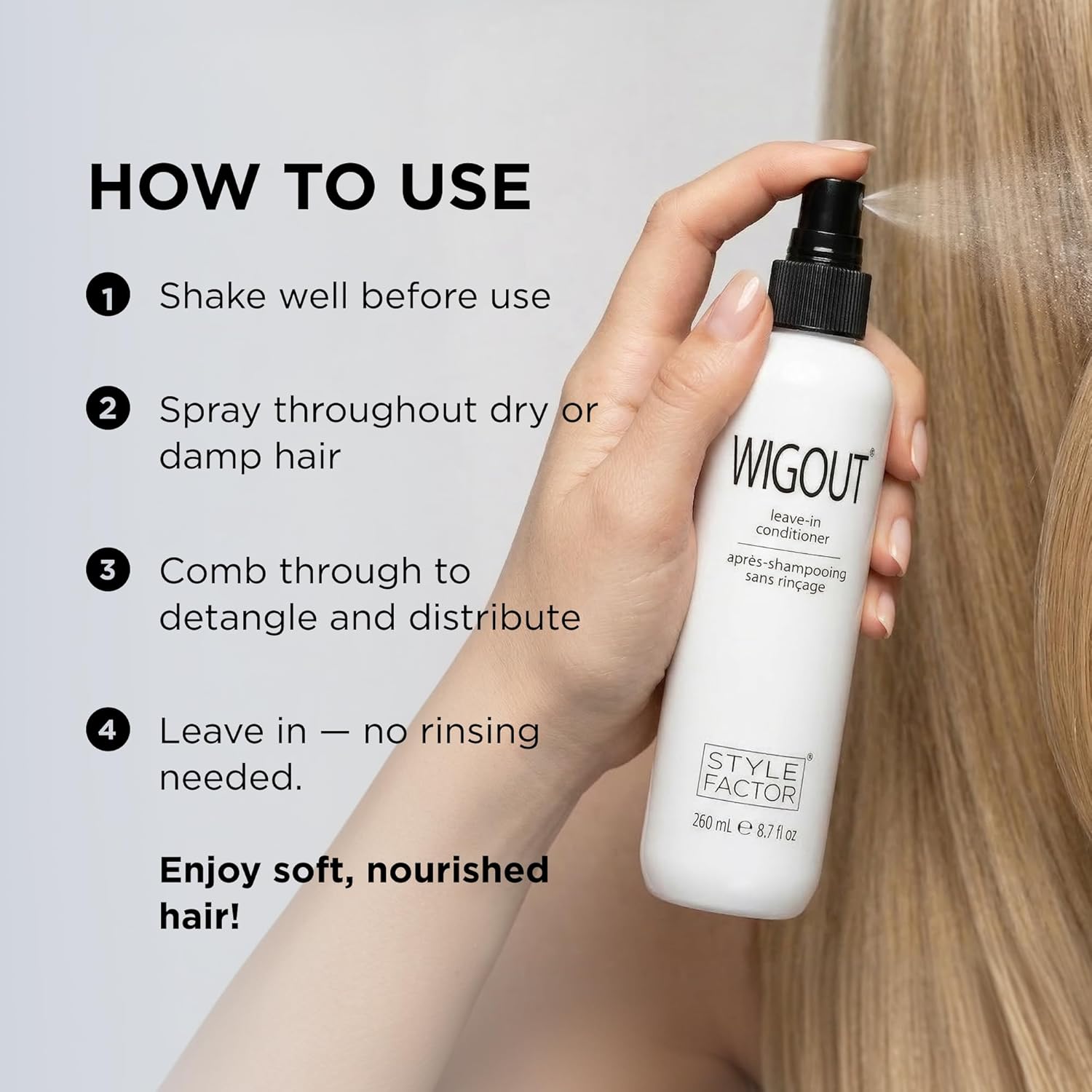 Style Factor WIGOUT Leave-In Conditioner Spray – Lightweight Hydrating & Conditioning Mist Controls Frizz, Adds Shine & Softness For Dry Damaged Hair No-Rinse Formula for All Hair Types - Pink Beryl - Image 4