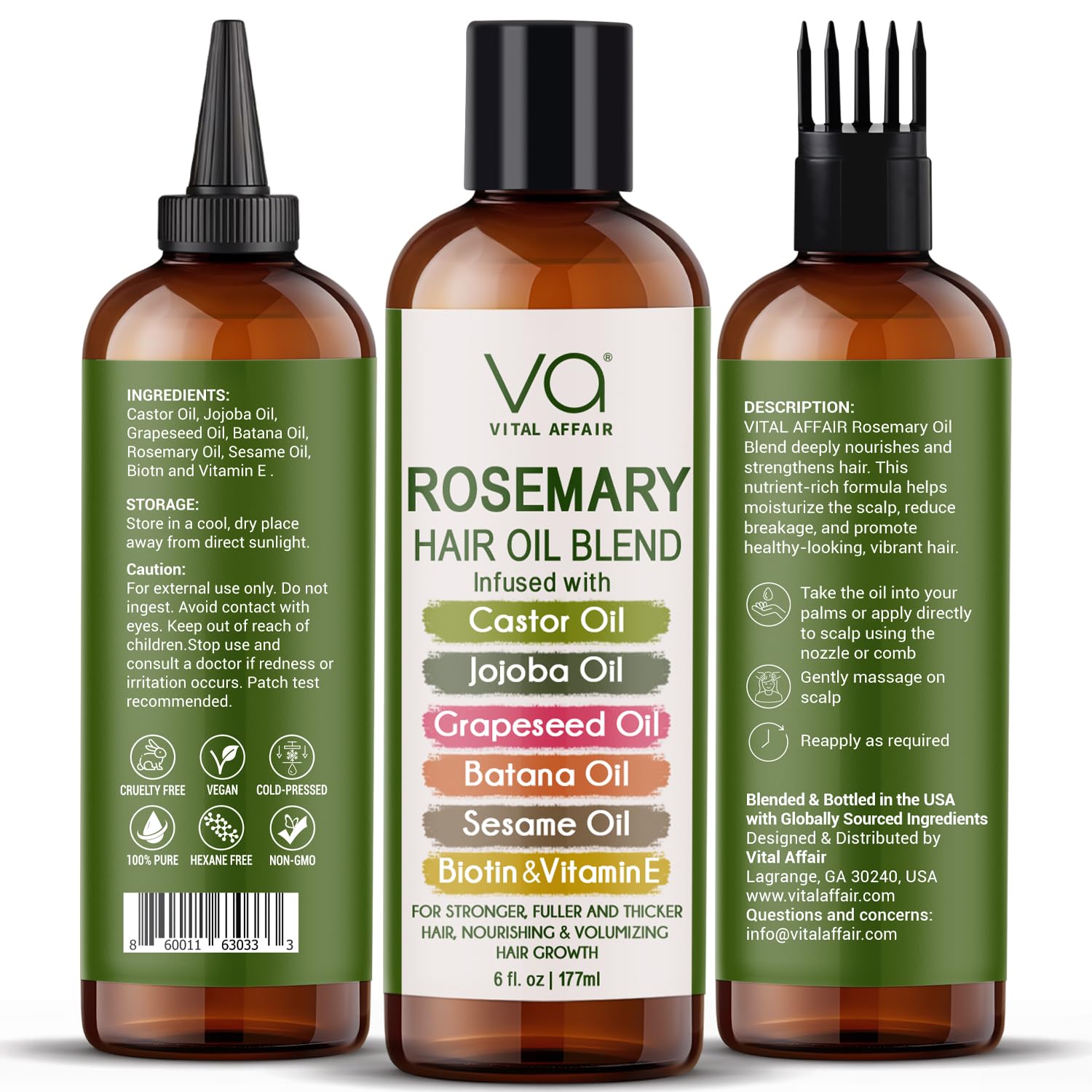 Blend Of Pure Rosemary Oil For Hair Growth With Castor, Batana, Jojoba Oil-Infused With Biotin & Vitamin E-Blend of Effective Hair Oils for Hair Growth-Strengthening Treatment-By Vital Affair-6 Fl Oz - Image 2