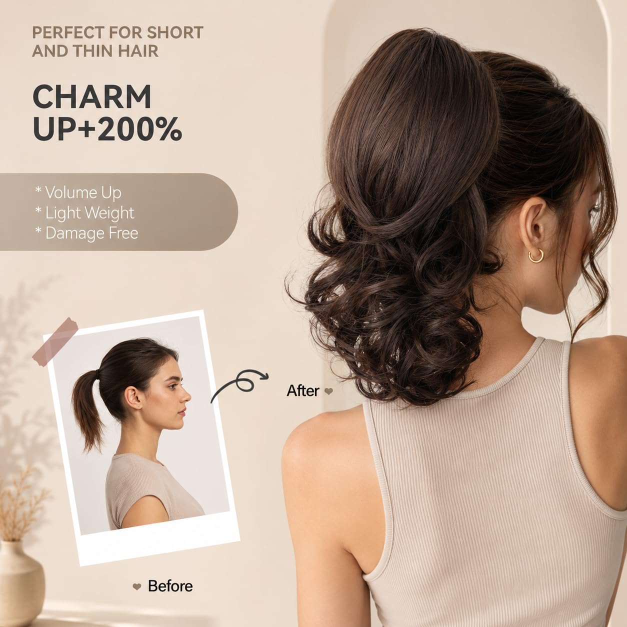 14 Inch Ponytail Extension - Wavy Pony Tails Hair Extensions, Claw Clip Ponytail Extension, Synthetic Hair Extensions Ponytail, Clip on Ponytails for Women (Light Brown With Beige Highlights) - Image 3