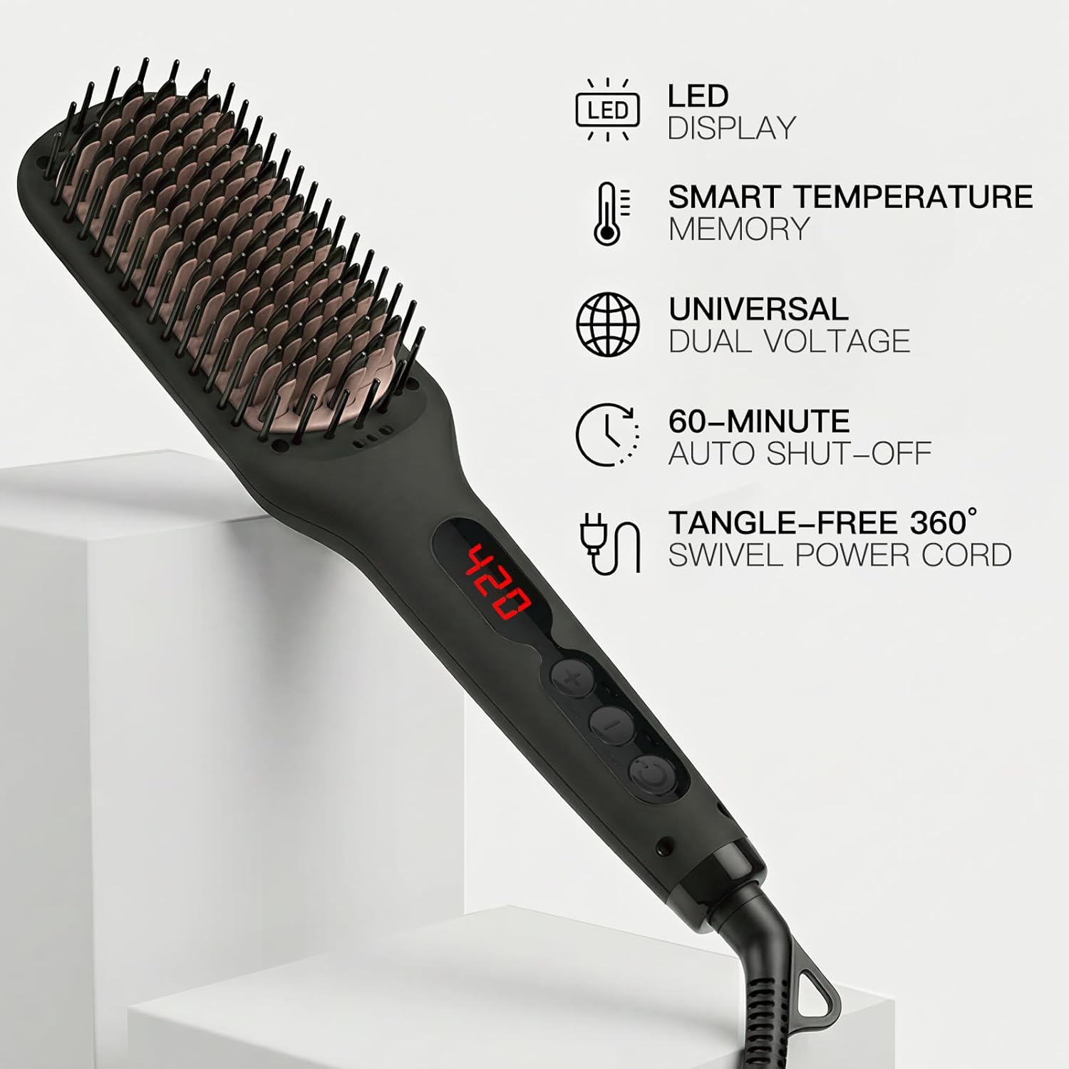 MEGAWISE Pro Ceramic Ionic Hair Straightener Brush for Home Salon, Straightening Hair Brush with 20s Heating Tech, Auto-Off, Anti-Scald with Universal Dual Voltage,Rotatable Power Cord, Black - Image 6