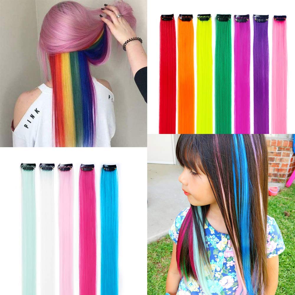 32Packs Colored Hair Extensions 20Inch Straight Color Clip in on Hair Extension Rainbow Party Highlights Synthetic Hairpiece(16 colors) - Image 7