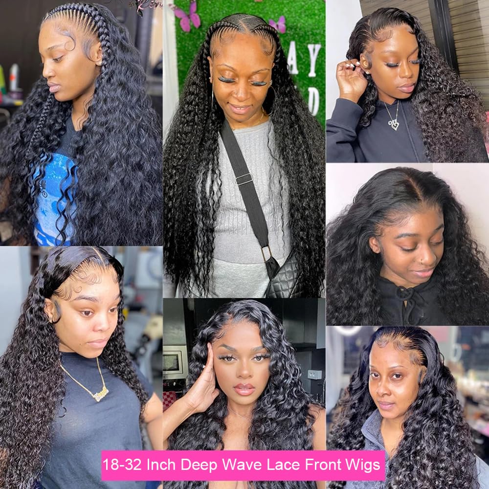 JTMMP 13x6 Deep Wave Lace Front Wigs Human Hair 200% Density 26 Inch Curly Human Hair Wig for Women Natural Black HD Transparent Lace Glueless Frontal Wigs Human Hair Pre Plucked - Image 7