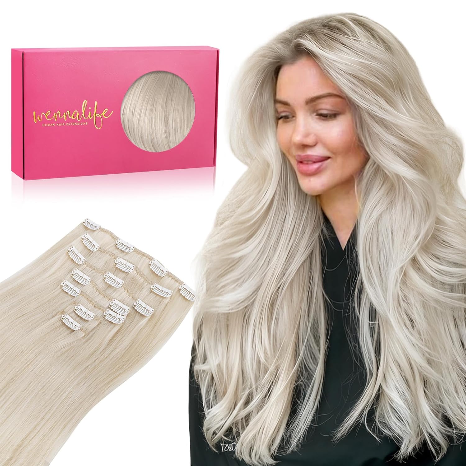 WENNALIFE Clip in Hair Extensions Real Human Hair, 18 Inch 120g 7pcs Platinum Blonde Human Hair Remy Clip in Hair Extensions Real Human Hair Double Weft