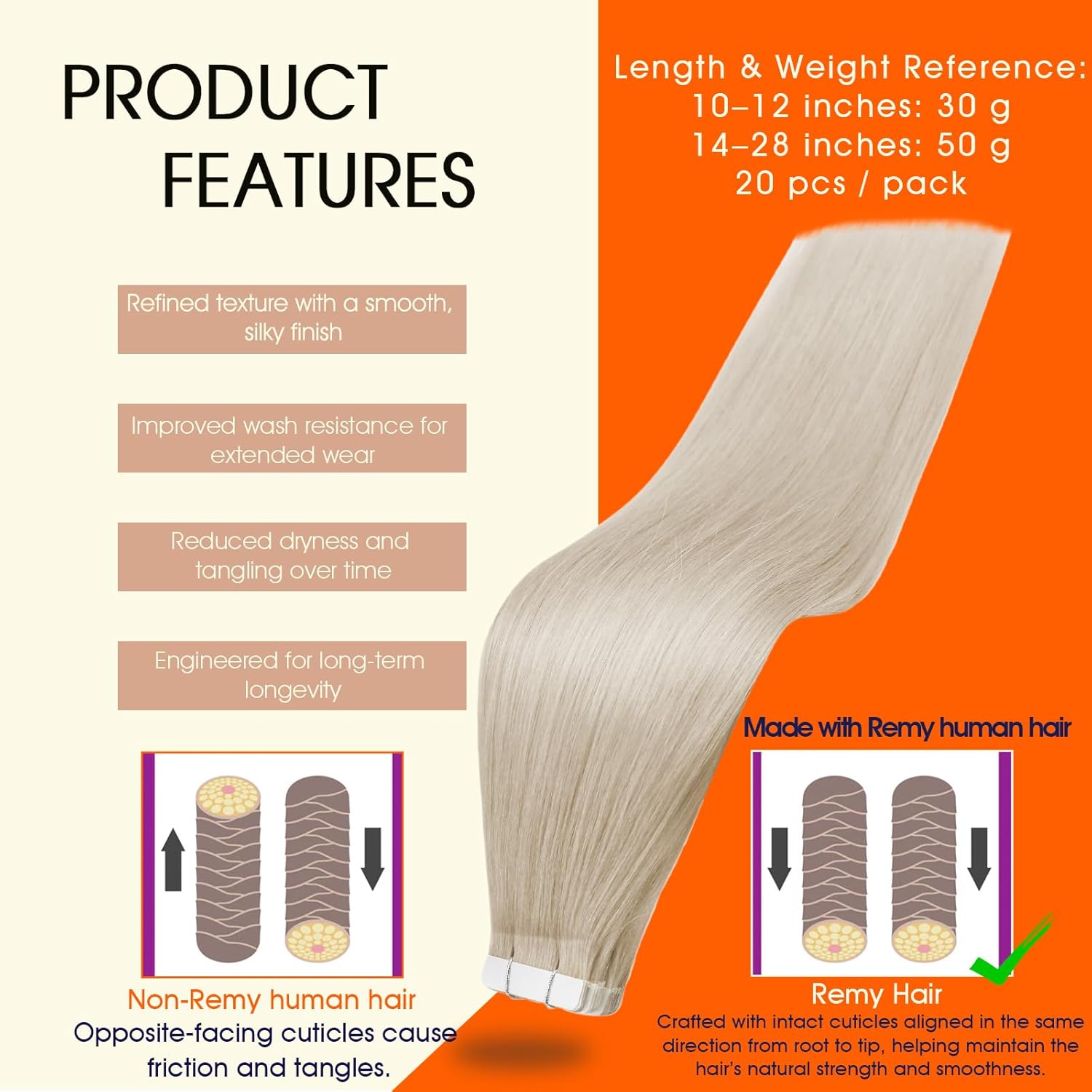 Full Shine Tape in Hair Extensions Human Hair 60 Platinum Blonde Tape Hair Extensions Real Human Hair 18Inch Seamless Skin Weft Human Hair Extension Tape ins 50G 20Pcs Invisible Remy Hair - Image 2