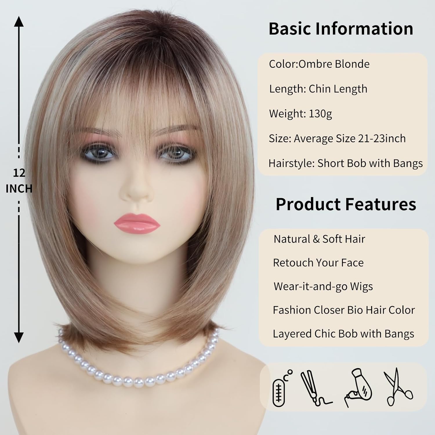 RENERSHOW Layered Blonde Bob Wigs for White Women with Bangs Straight Short Hair Wig Synthetic Ombre Blonde Highlight Bobo Haircuts 12inch Average Size Natural Daily Party Wig - Image 7