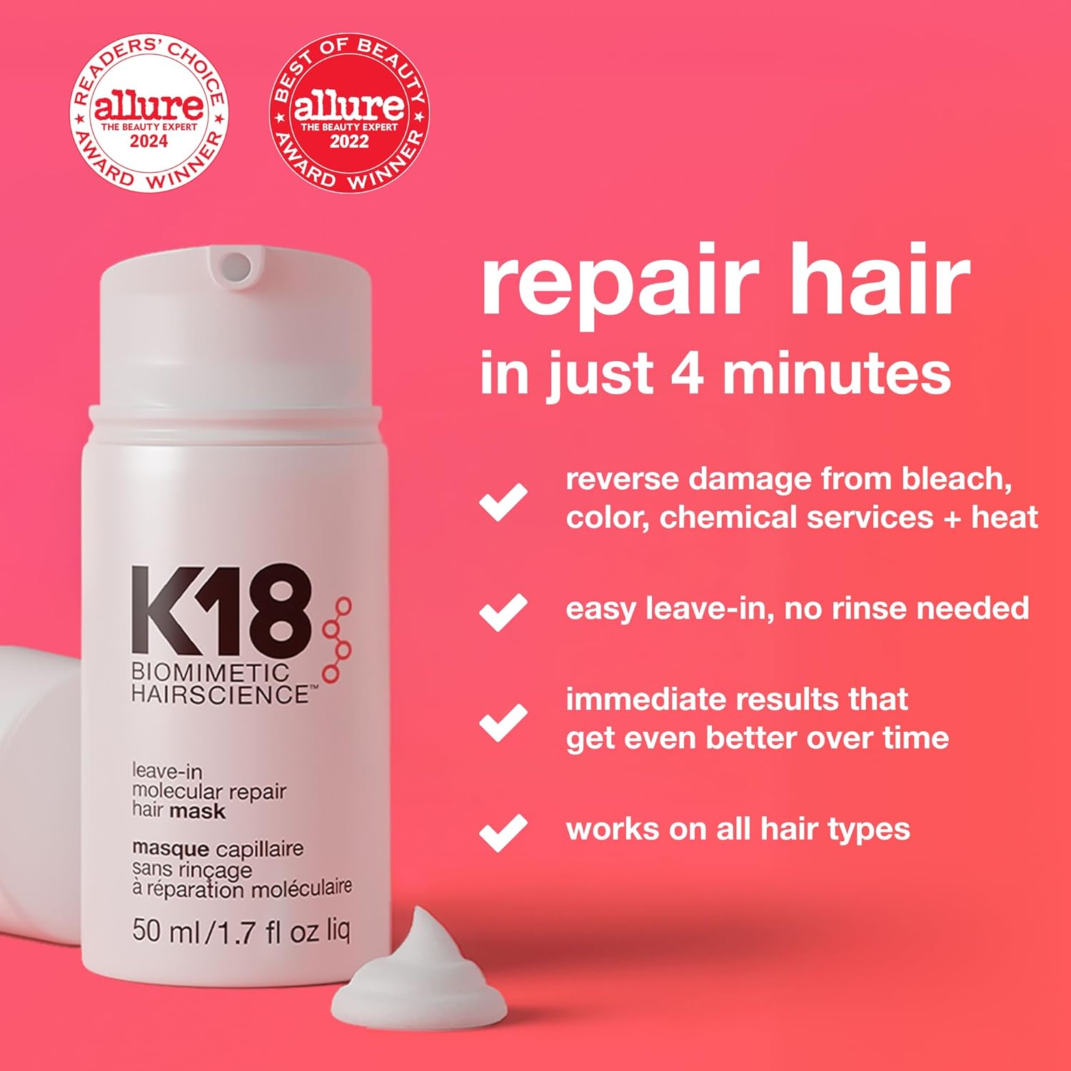K18 Leave-In Molecular Repair Hair Mask, Patented, Lasting Repair For Dry, Frizzy, Damaged Hair, Reverse Damage In 4 Minutes From Bleach, Color, Chemical Services + Heat - Image 2