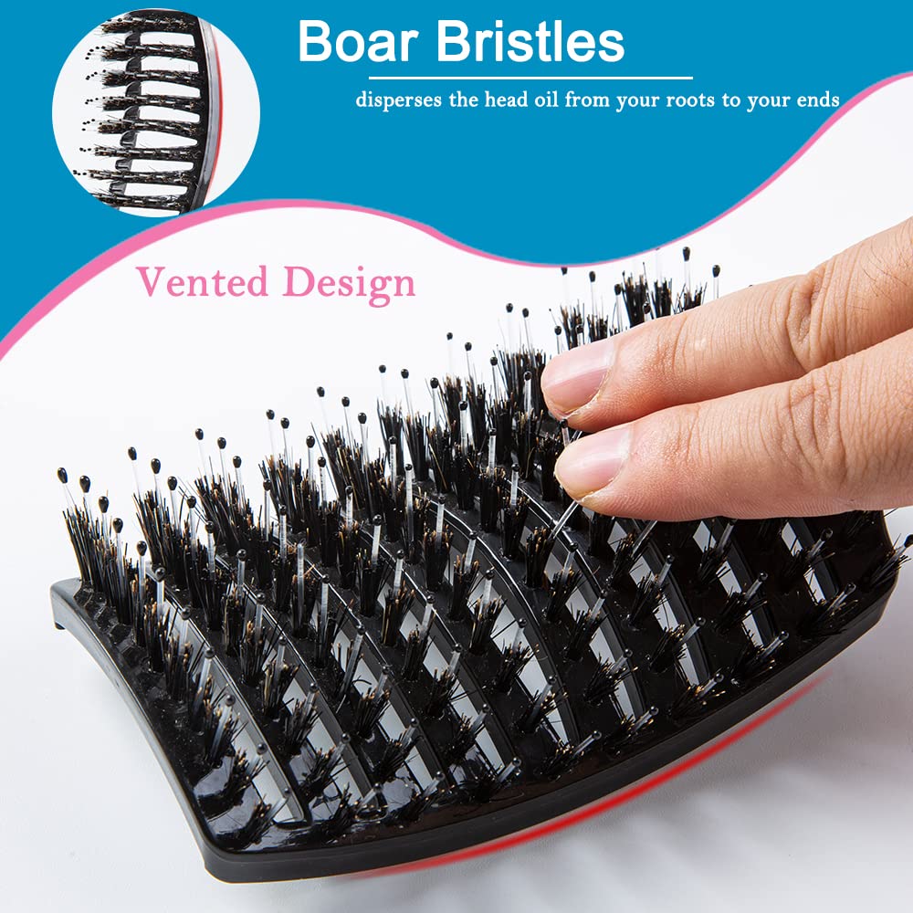 Boar Bristle Hair Brush Set - Dry/Wet Hair Brushes Detangler for Fine, Thick, Curly Hair - Curved and Vented Hair Brush for Women, Men or Kids - Image 4