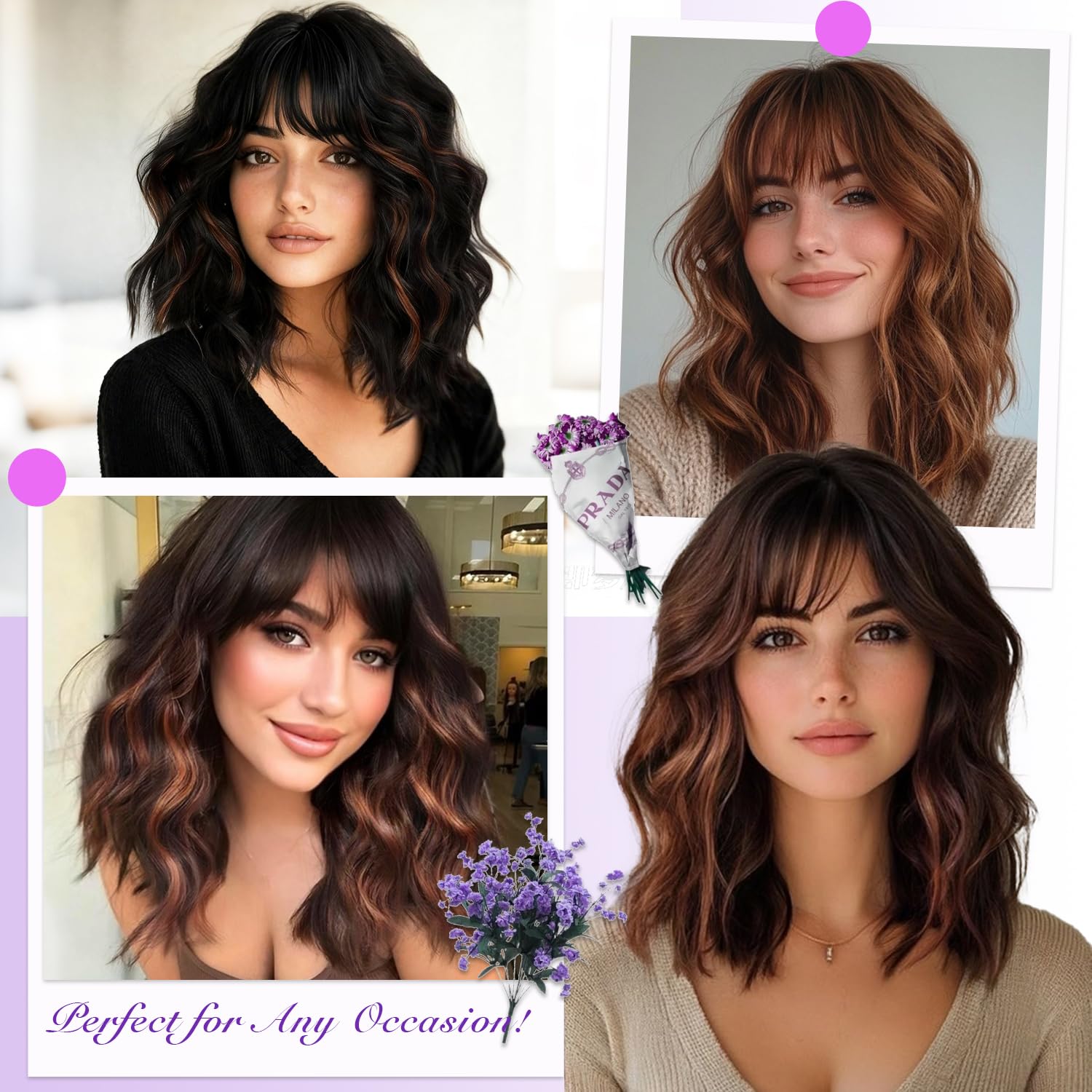 Short Wavy Wig with Bangs for Women Curly Wigs Natural Wavy Synthetic Wigs for Daily Party Cosplay 14inch(Brown Highlight) - Image 6
