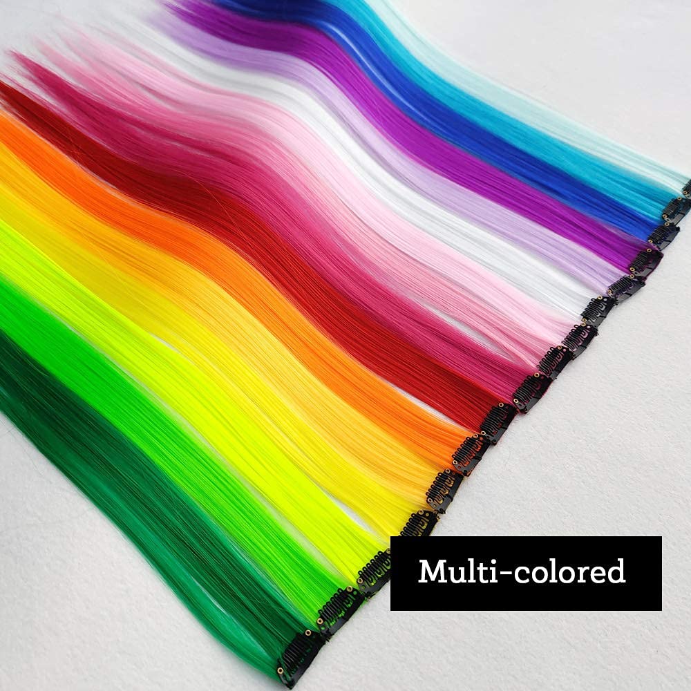 32Packs Colored Hair Extensions 20Inch Straight Color Clip in on Hair Extension Rainbow Party Highlights Synthetic Hairpiece(16 colors) - Image 2