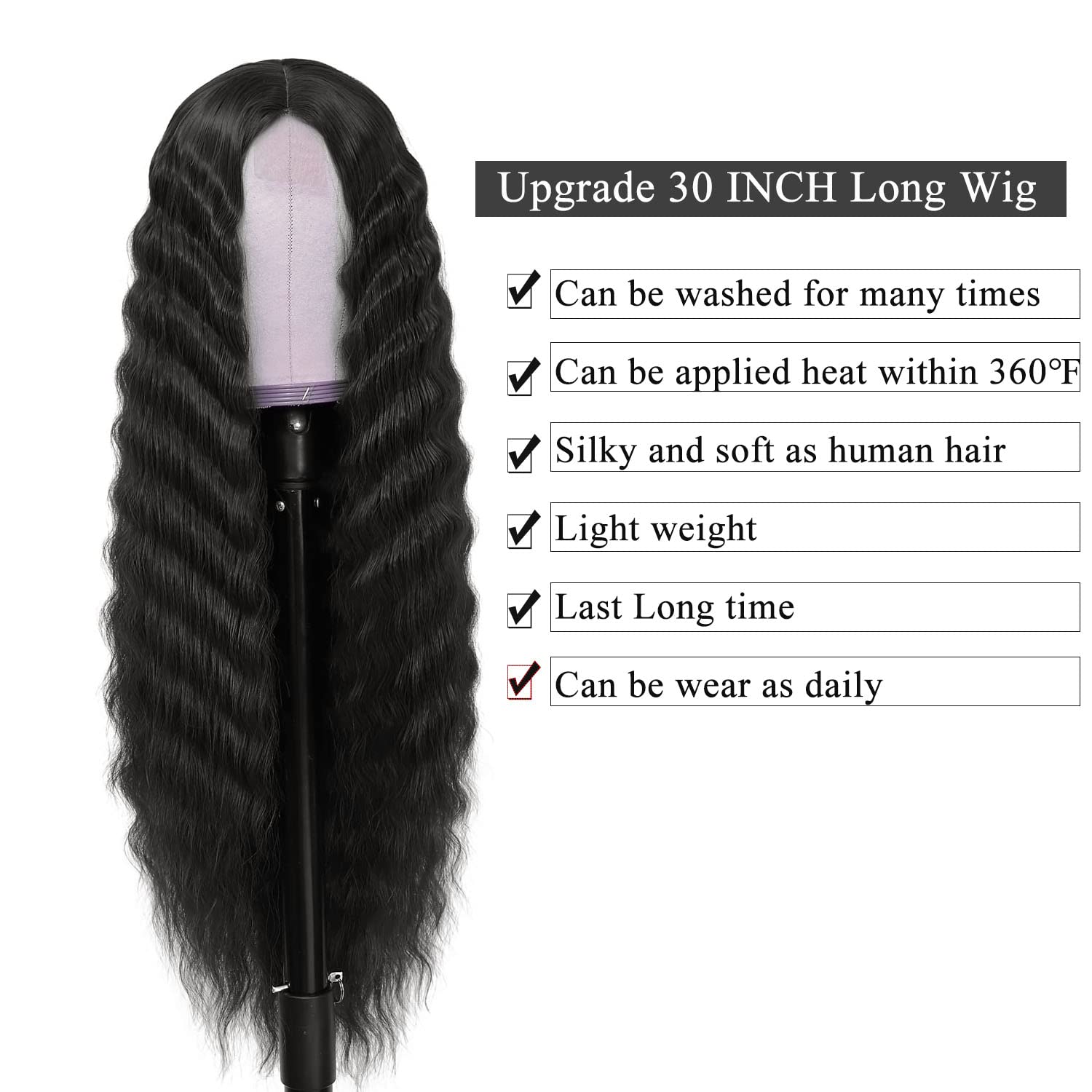 INSTASTYLE 30 Inch Synthetic Curly Wigs for Women Long Black Hair Wig Lace Front 4" Simulated Scalp Natural Loose Deep Wave Crimps Curls Wig As Hair Replacement Wigs 1B - Image 4