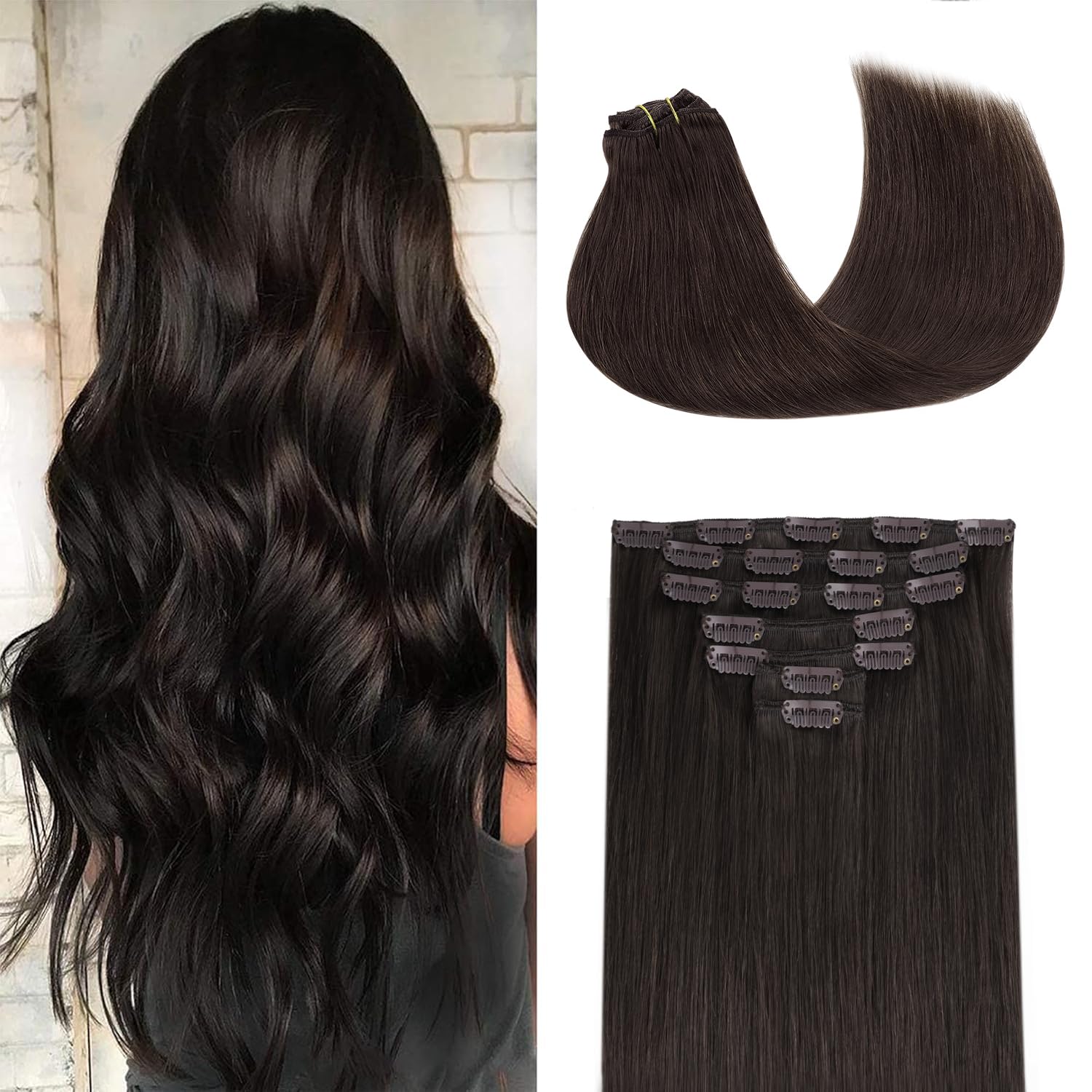 GOO GOO Clip in Hair Extensions Real Human Hair, Remy Human Hair Extensions Clip ins for Women, Natural Human Hair, 18inch 120g 7Pcs, 2 Dark Brown