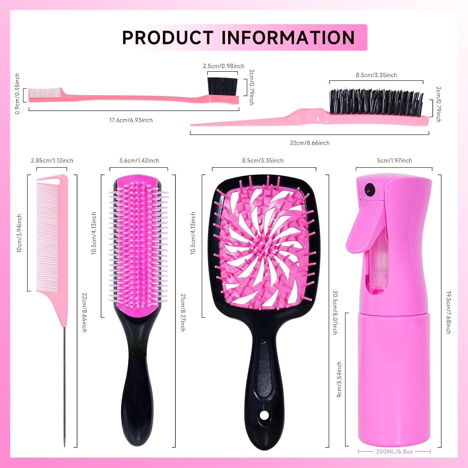 11 Pcs Hair Brush Set, Detangle Hair Brush And Spray Bottle, 3 Pieces Smooth Hairbrush For Toddlers, Suitable For Wet and Dry Hairstyles, Suitable For Adults And Children. (Pink) - Image 6