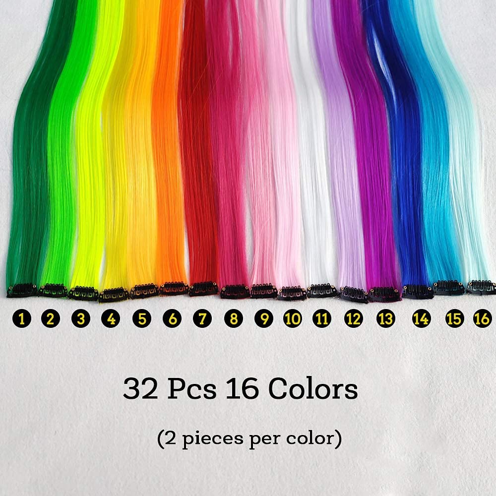 32Packs Colored Hair Extensions 20Inch Straight Color Clip in on Hair Extension Rainbow Party Highlights Synthetic Hairpiece(16 colors) - Image 4