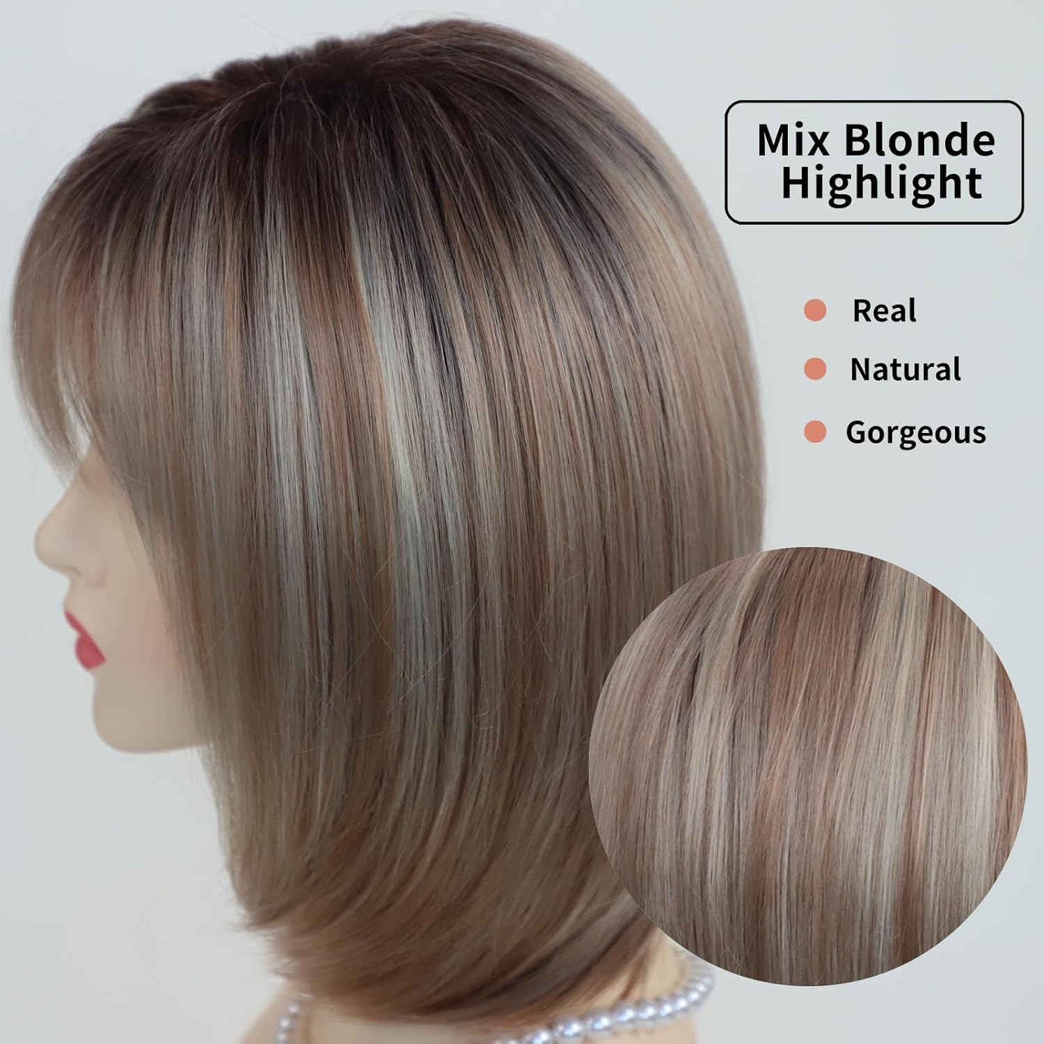 RENERSHOW Layered Blonde Bob Wigs for White Women with Bangs Straight Short Hair Wig Synthetic Ombre Blonde Highlight Bobo Haircuts 12inch Average Size Natural Daily Party Wig - Image 5