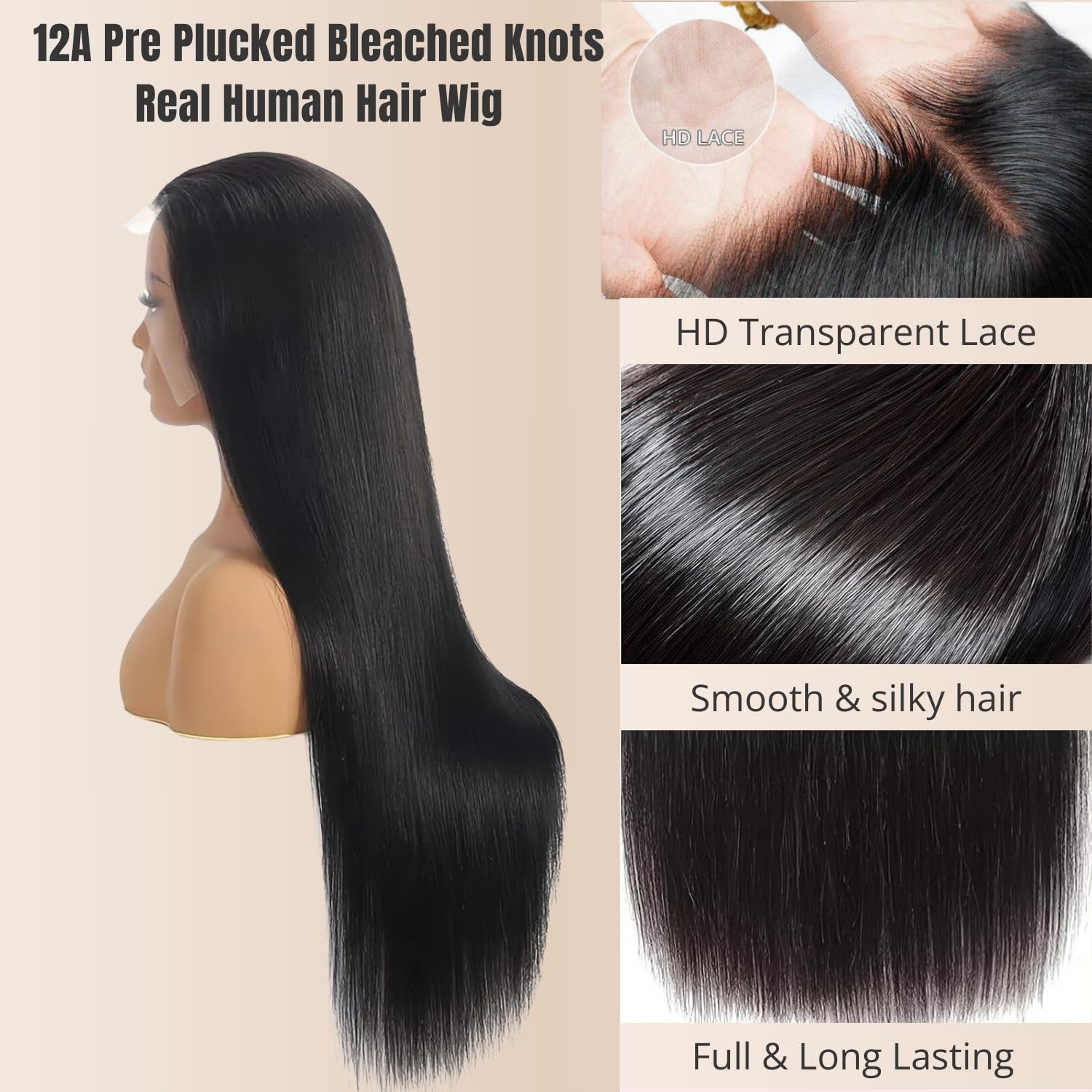 DULOVE Straight Human Hair Lace Front Wig 12A Grade Pre Plucked Hairline with Baby Hair Bleached Knots 200% Density Glueless 13x4 HD Lace Frontal Wig for Black Women 18 Inch - Image 3