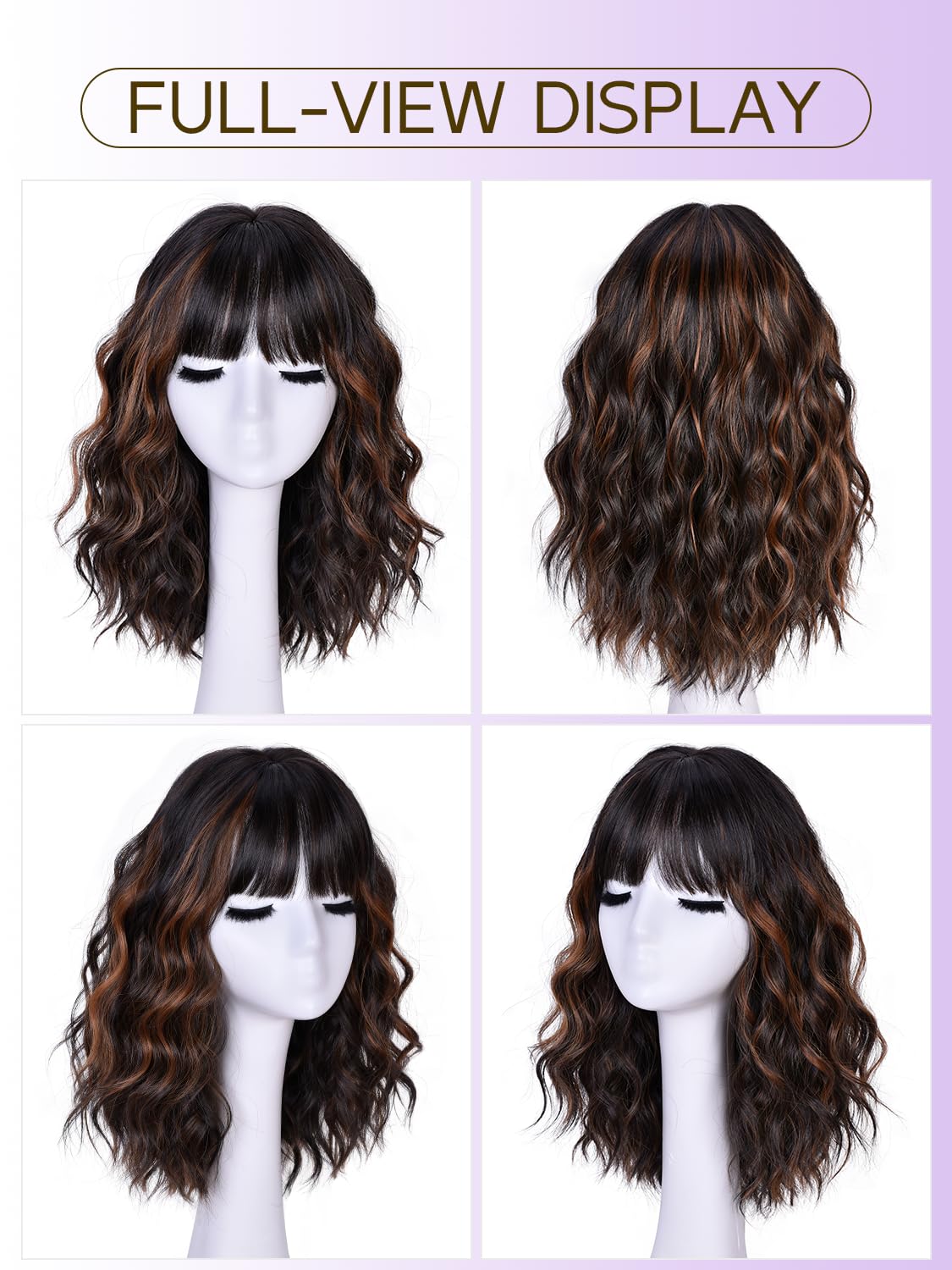 Short Wavy Wig with Bangs for Women Curly Wigs Natural Wavy Synthetic Wigs for Daily Party Cosplay 14inch(Brown Highlight) - Image 5