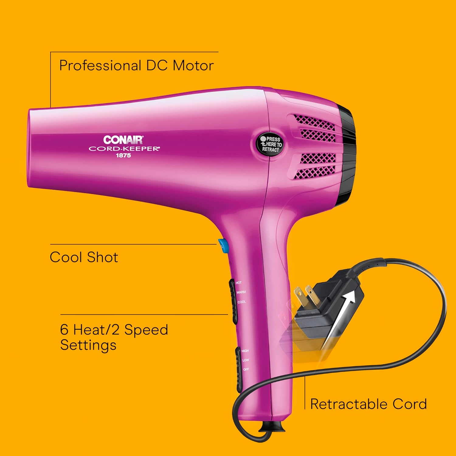 Conair Hair Dryer with Retractable Cord, 1875W Blow Dryer, 3 Heat Settings, 2 Speeds, Blow Dryer with Diffuser and Concentrator Attachments, Ionic + Tourmaline Technology, Pink - Image 2
