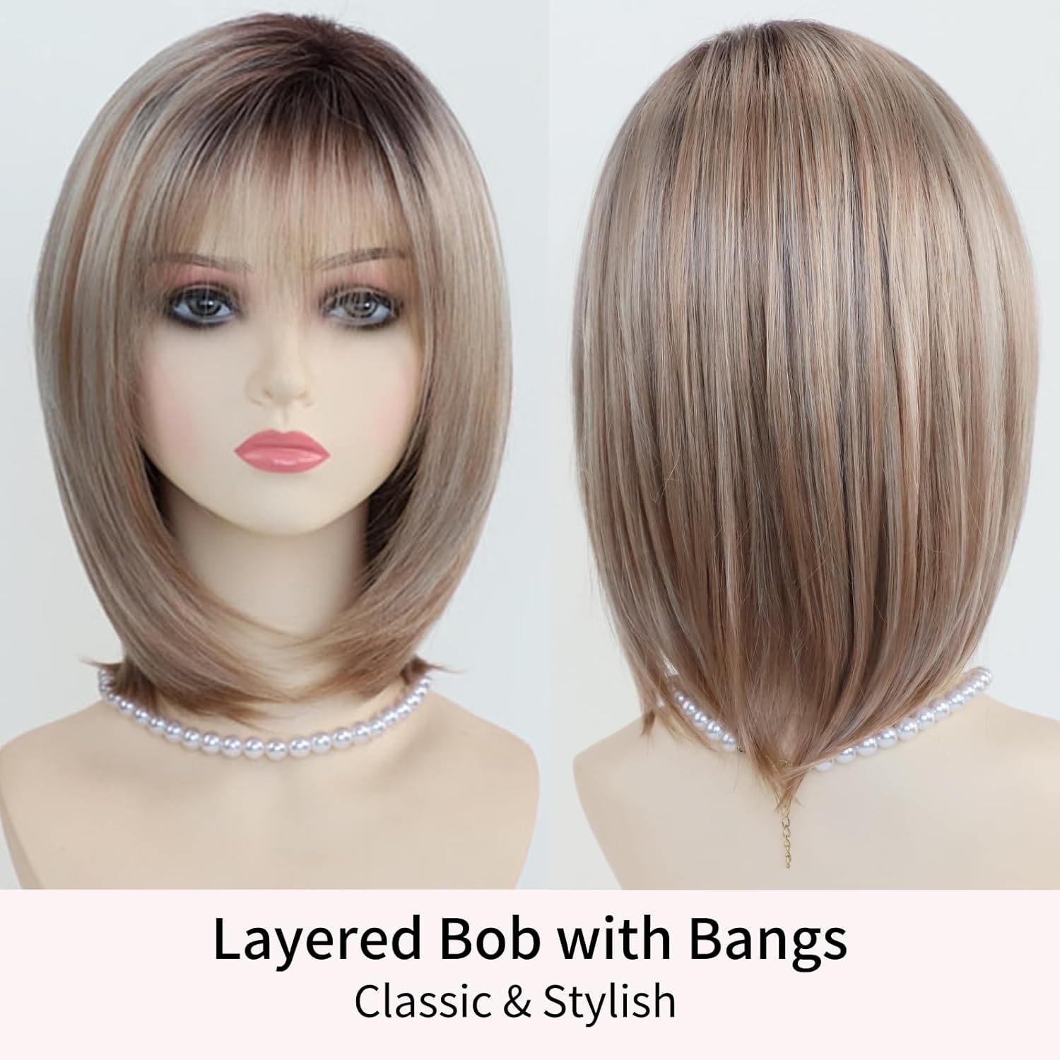 RENERSHOW Layered Blonde Bob Wigs for White Women with Bangs Straight Short Hair Wig Synthetic Ombre Blonde Highlight Bobo Haircuts 12inch Average Size Natural Daily Party Wig - Image 3